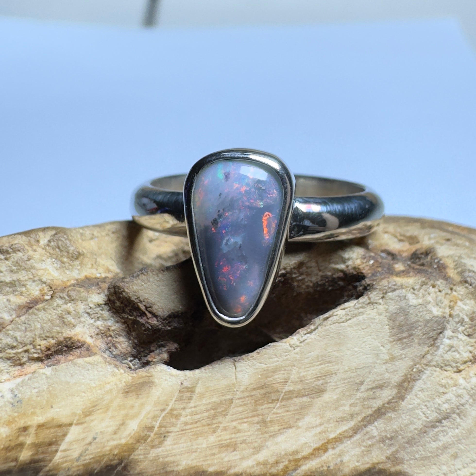 Noosa Nights ~ 1.6ct Solid Lightning Ridge Semi Black Opal 925 Silver Ring