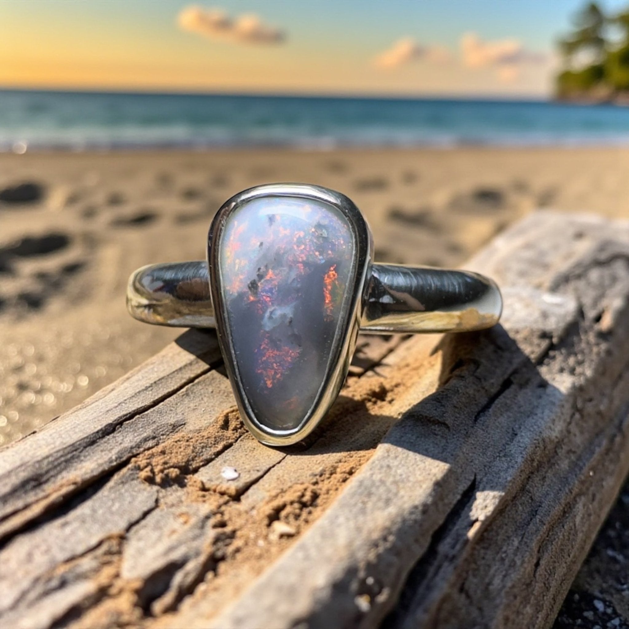 Noosa Nights ~ 1.6ct Solid Lightning Ridge Semi Black Opal 925 Silver Ring