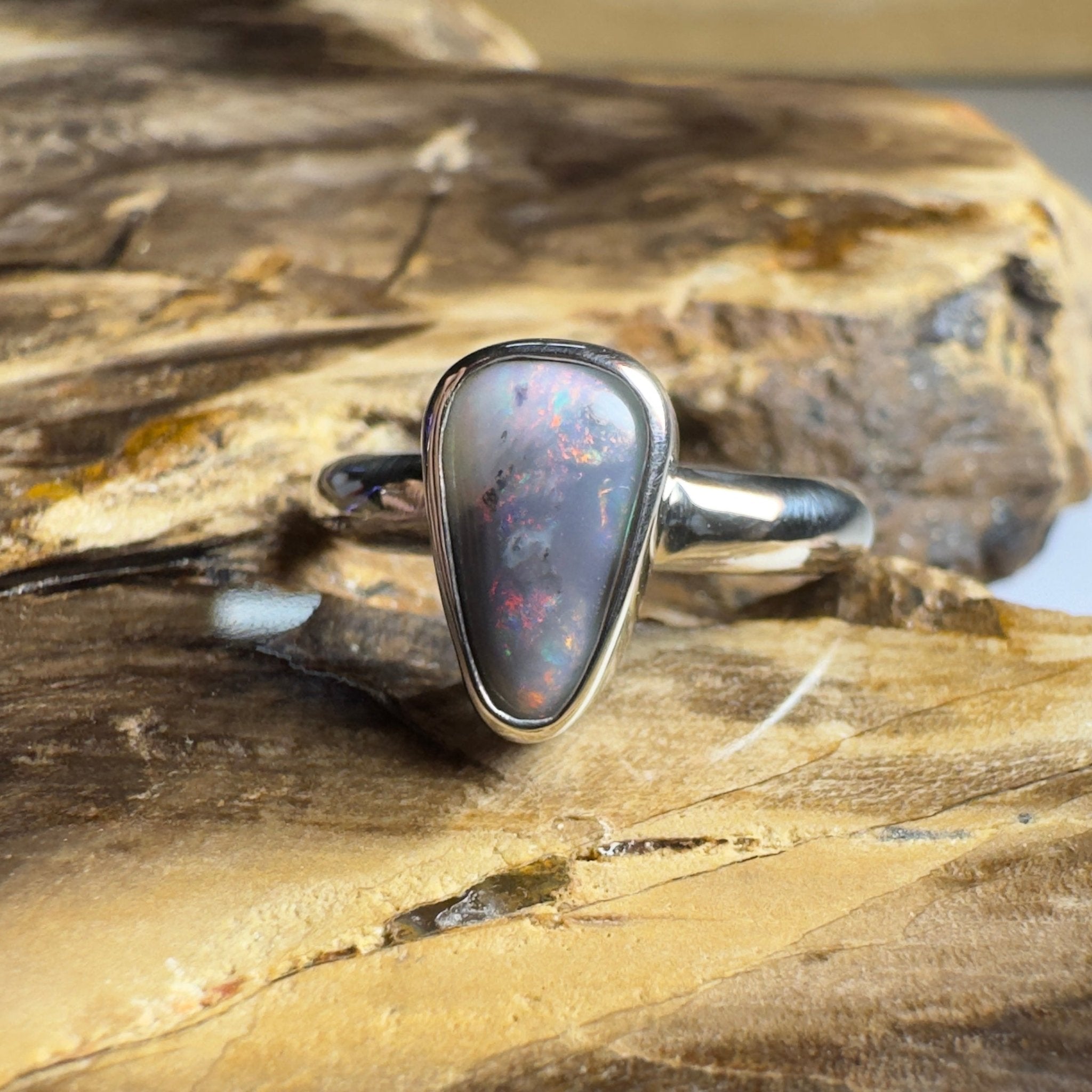 Noosa Nights ~ 1.6ct Solid Lightning Ridge Semi Black Opal 925 Silver Ring