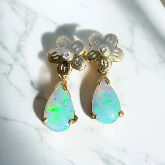 'Northern Gold' ~ Handcrafted 14ct Solid Gold Lightning Ridge Opal Earrings