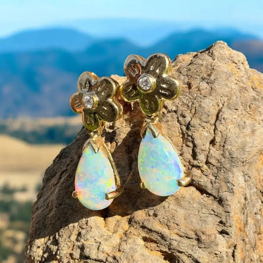 'Northern Gold' ~ Handcrafted 14ct Solid Gold Lightning Ridge Opal Earrings