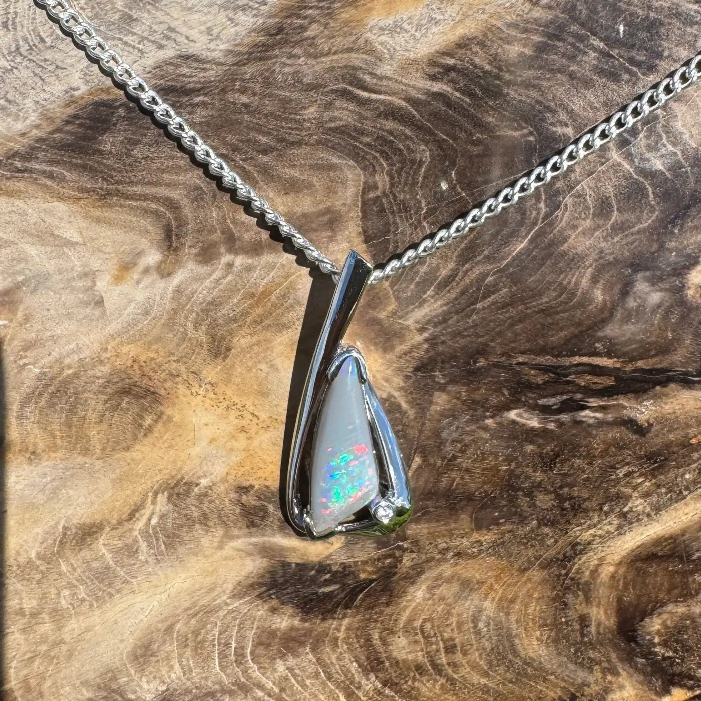 ‘Nullabor Mirage' ~ Handcrafted 1.2ct Solid Lightning Ridge Opal and Cubic Zirconia 925 Sterling Silver Pendant Necklace