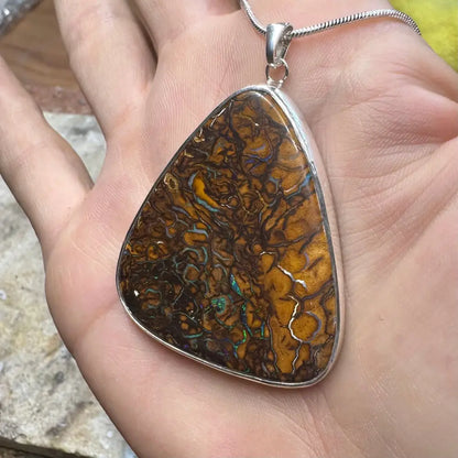 ’Ocean and Earth’ ~ Handcrafted 56ct Solid Queensland Boulder Opal 925 Sterling Silver Pendant Necklace