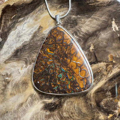 ’Ocean and Earth’ ~ Handcrafted 56ct Solid Queensland Boulder Opal 925 Sterling Silver Pendant Necklace