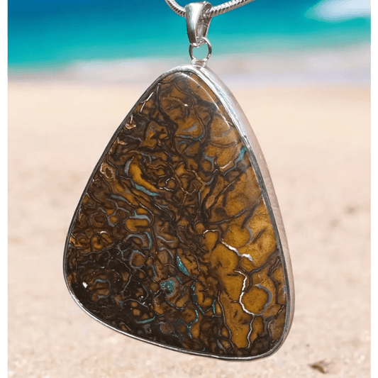 'Ocean and Earth' ~ Handcrafted 56ct Solid Queensland Boulder Opal 925 Sterling Silver Pendant Necklace