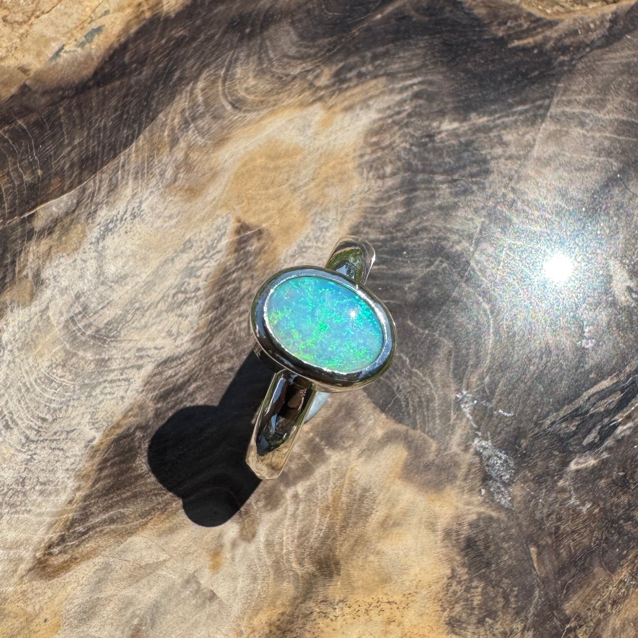 Ocean Bloom ~ 1.6ct Lightning Ridge Solid Light Opal Ring – Sterling Silver Radiance