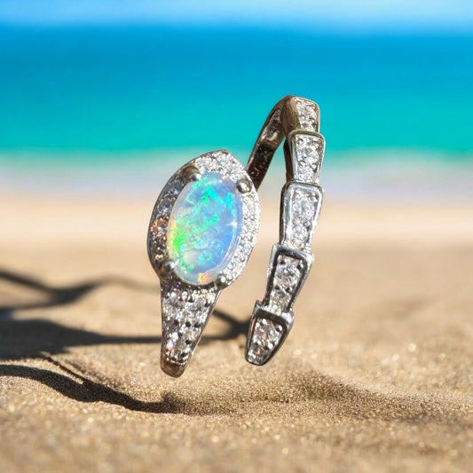 ‘Ocean Blues' ~ Handcrafted 0.5ct Solid Lightning Ridge Opal and Cubic Zirconia Sterling Silver Ring