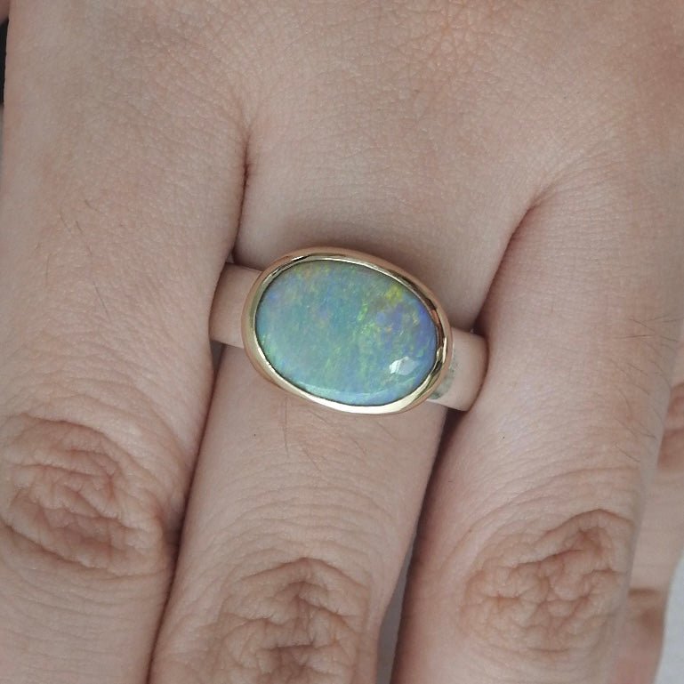 Ocean Road Reverie ~ 2.5ct Solid Lightning Ridge Opal Two - Tone 9ct Gold and 925 Silver Ring