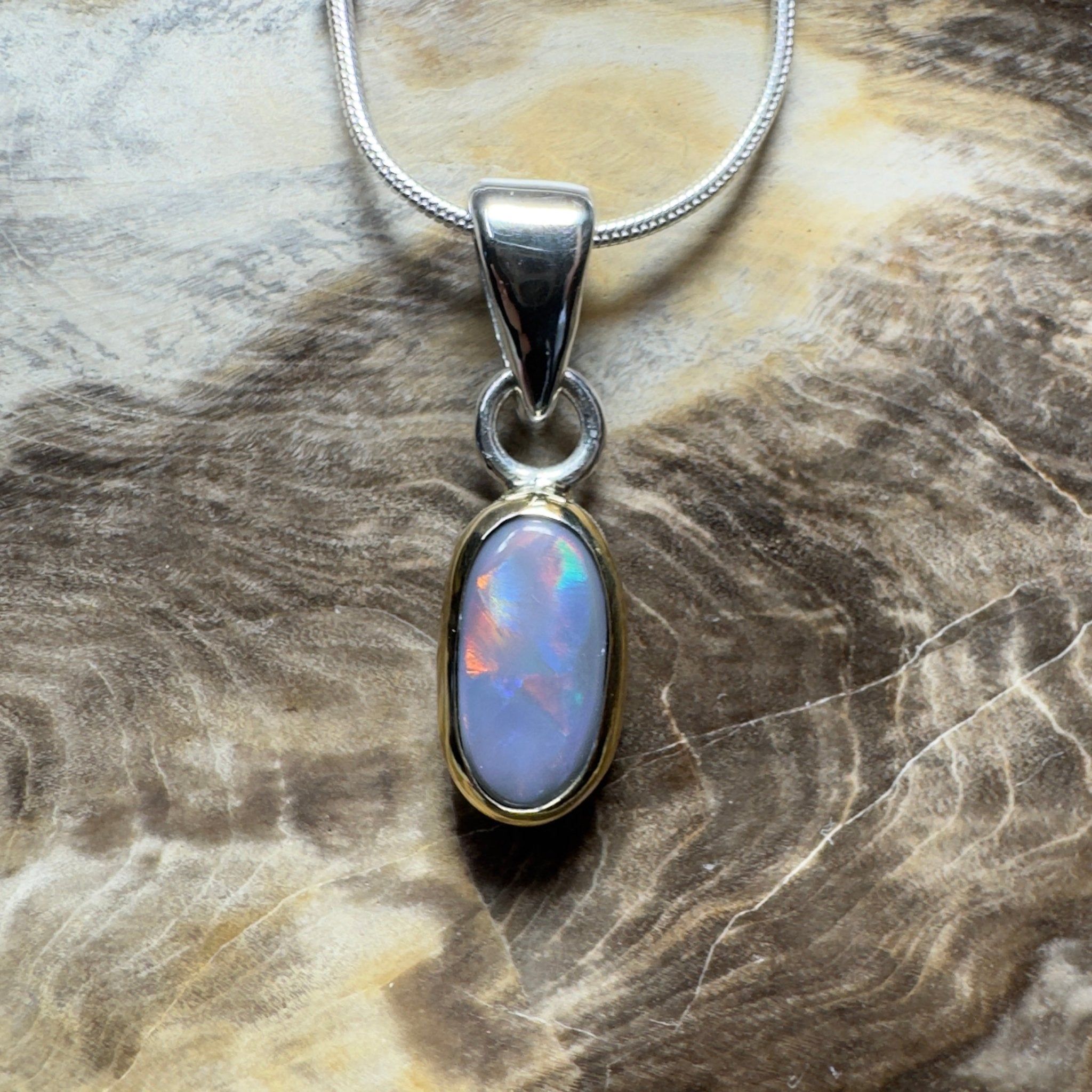 Outback After Dark ~ 1.4ct Solid Lightning Ridge Semi Black Opal Two - tone 9ct Gold and 925 Sterling Silver Pendant Necklace