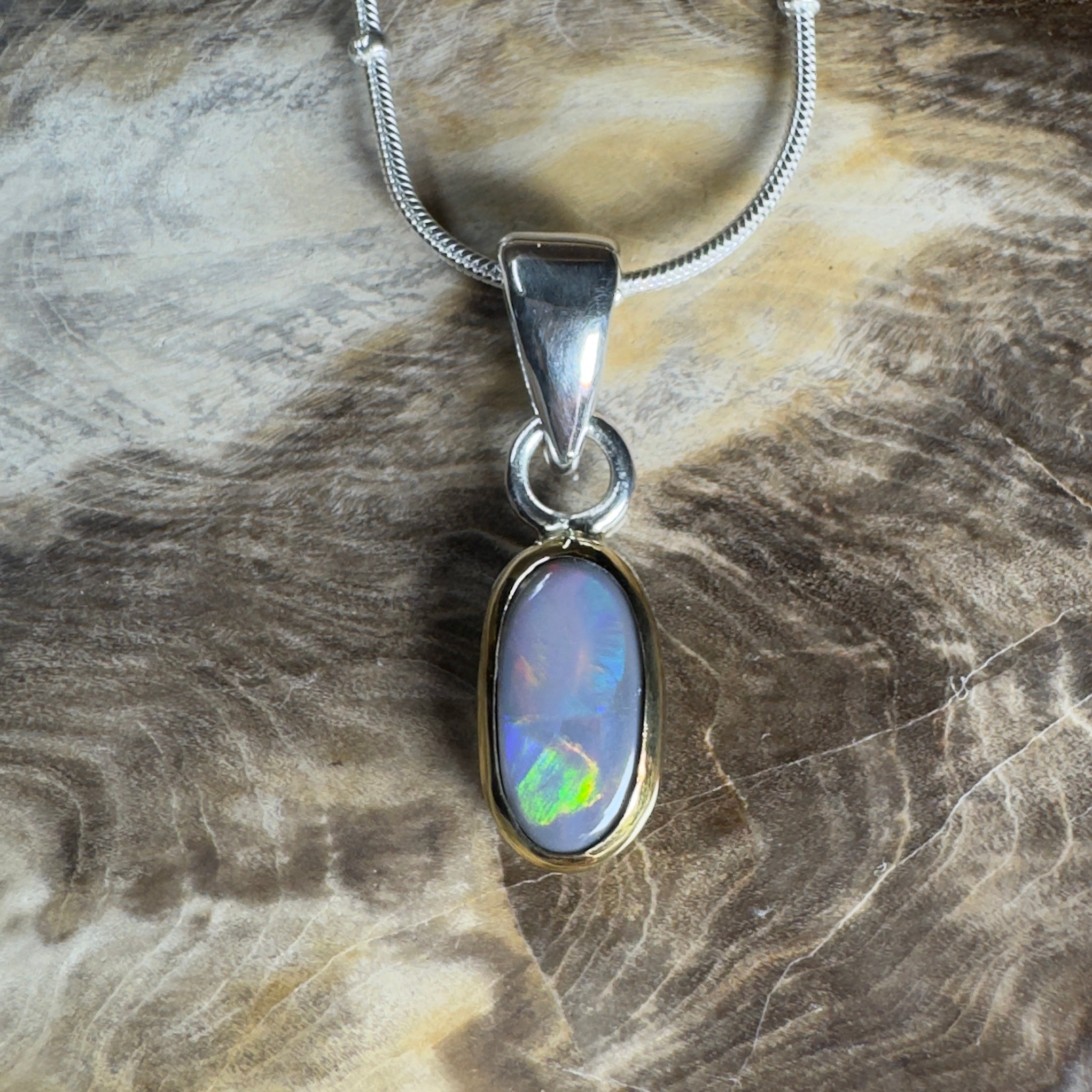 Outback After Dark ~ 1.4ct Solid Lightning Ridge Semi Black Opal Two - tone 9ct Gold and 925 Sterling Silver Pendant Necklace