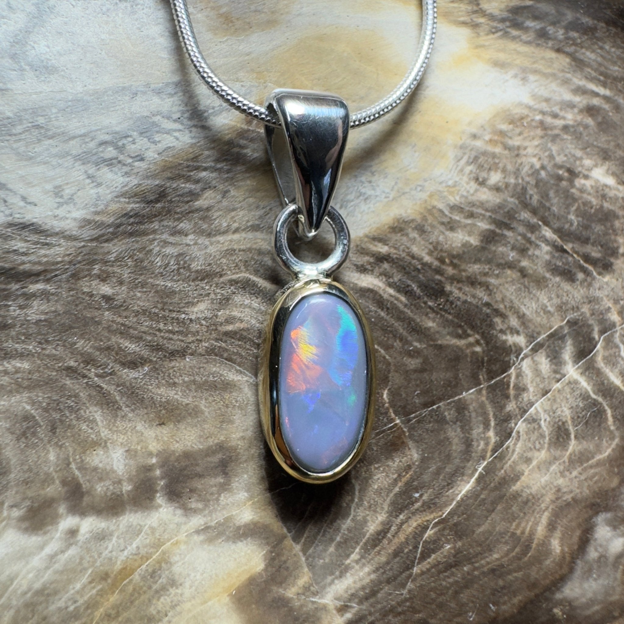 Outback After Dark ~ 1.4ct Solid Lightning Ridge Semi Black Opal Two - tone 9ct Gold and 925 Sterling Silver Pendant Necklace