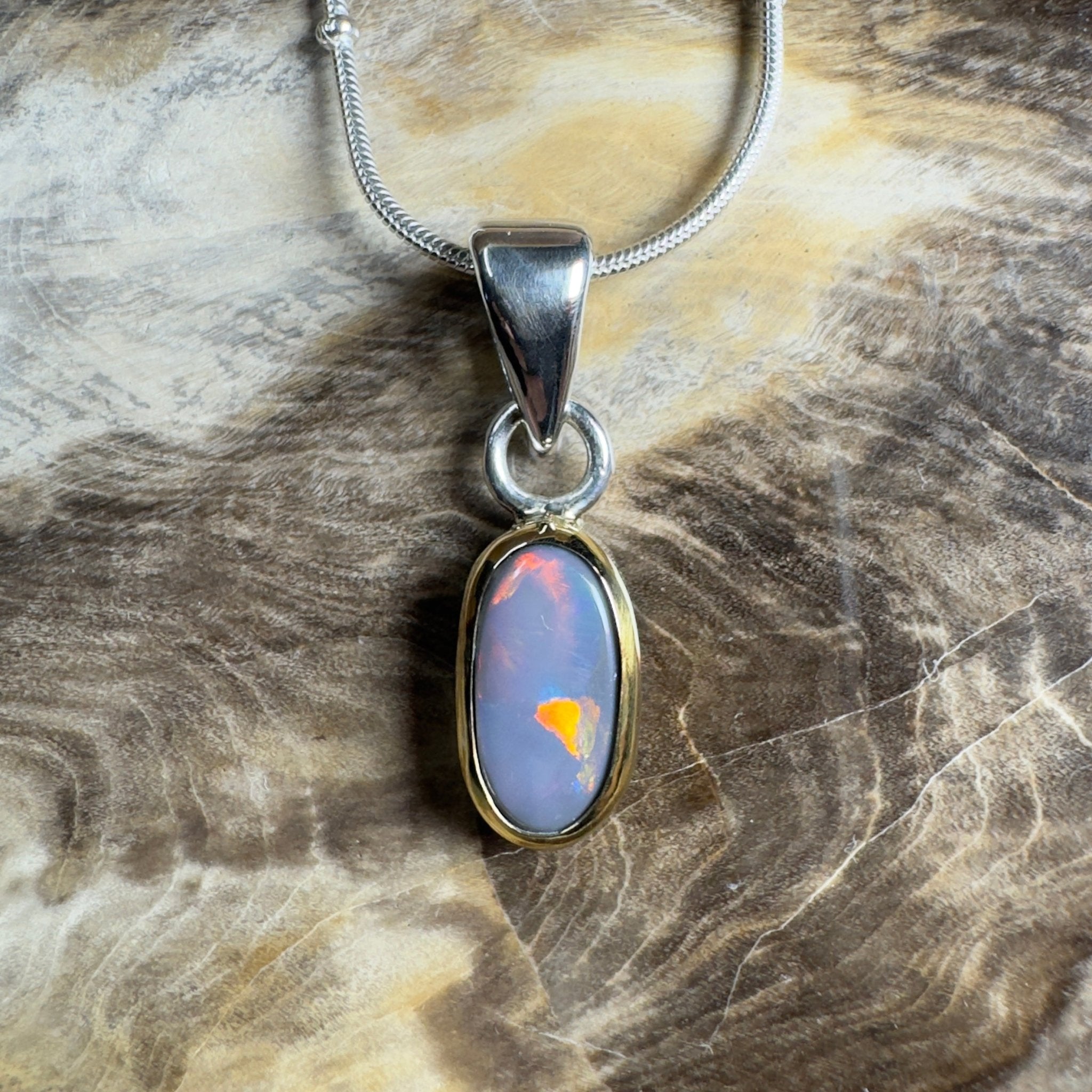 Outback After Dark ~ 1.4ct Solid Lightning Ridge Semi Black Opal Two - tone 9ct Gold and 925 Sterling Silver Pendant Necklace