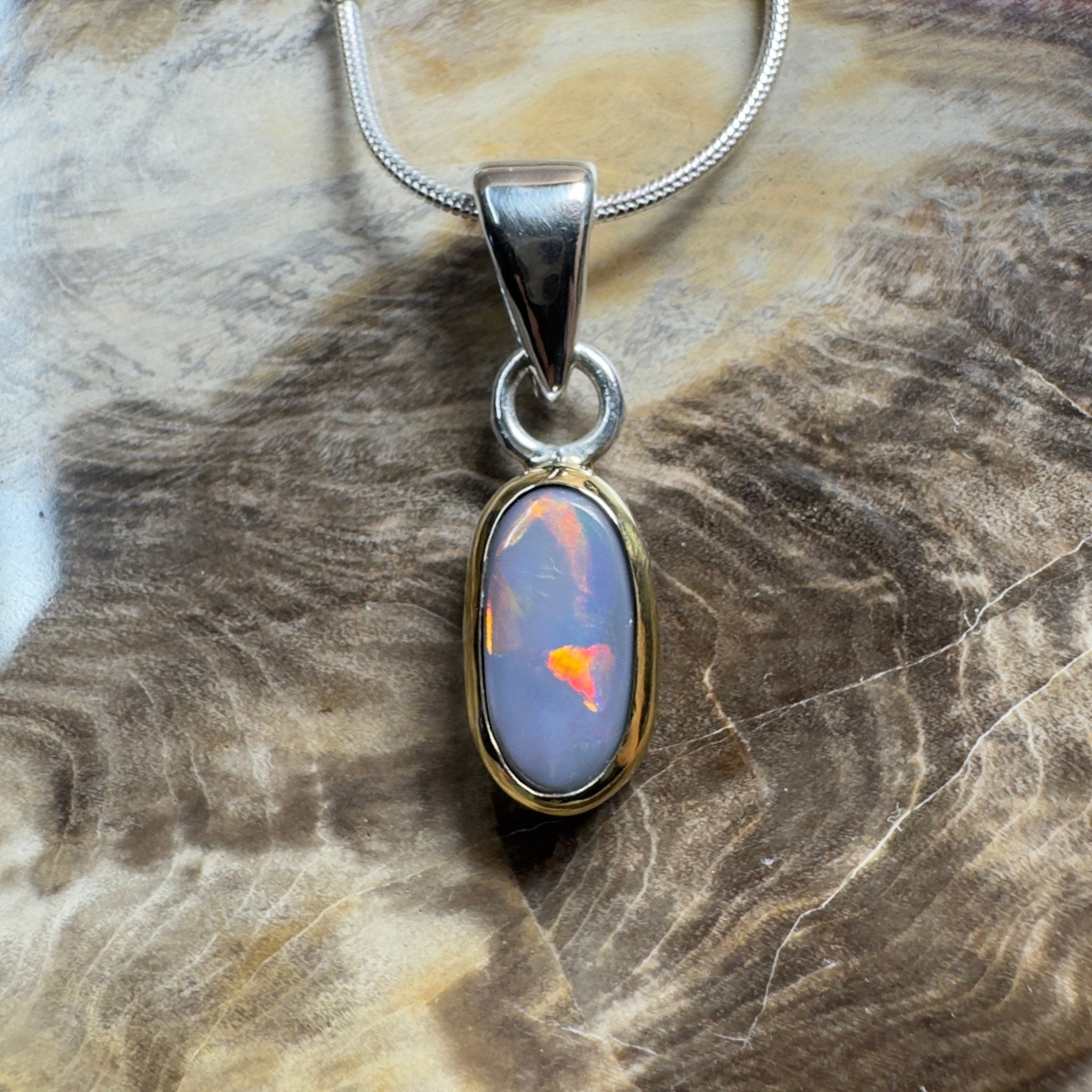 Outback After Dark ~ 1.4ct Solid Lightning Ridge Semi Black Opal Two - tone 9ct Gold and 925 Sterling Silver Pendant Necklace