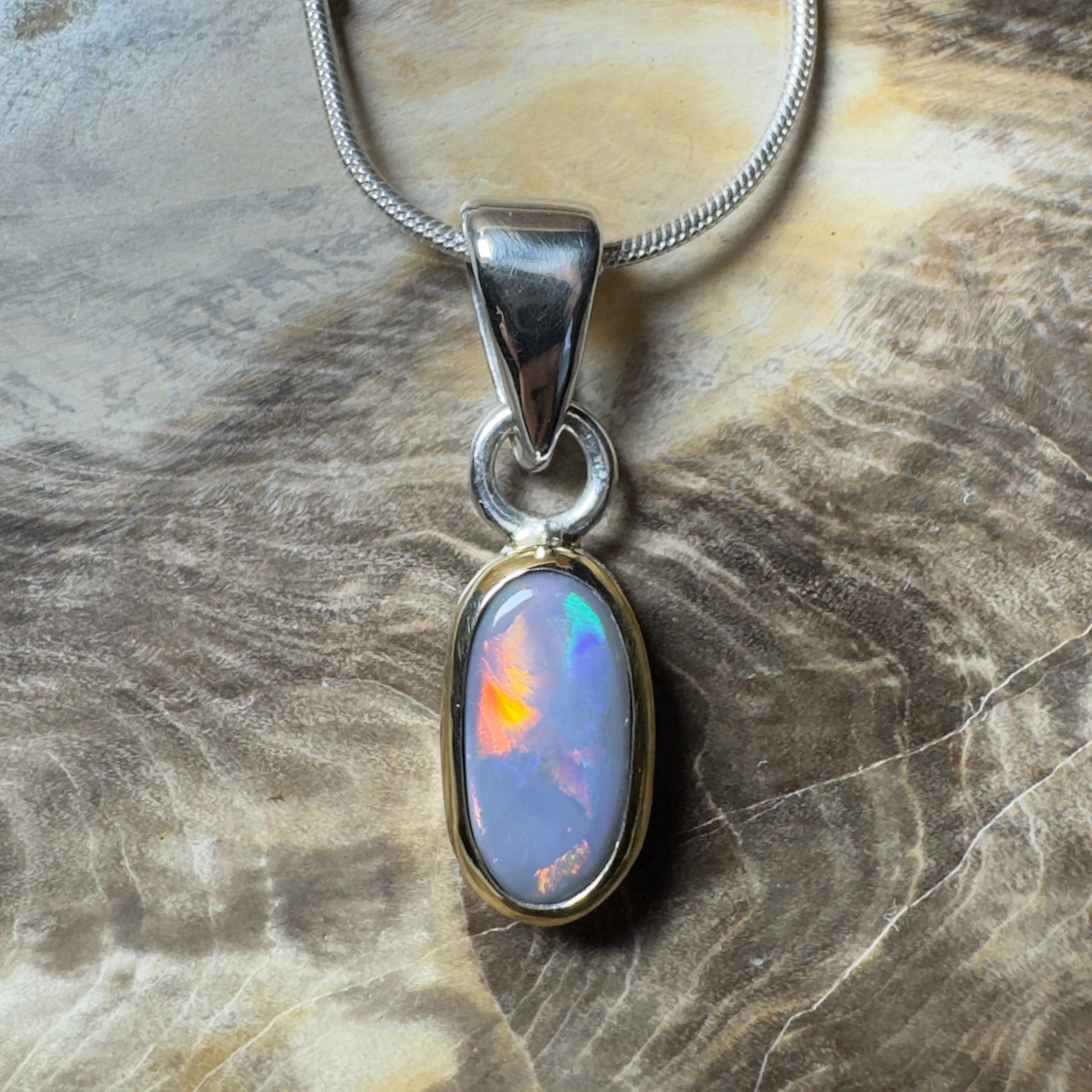 Outback After Dark ~ 1.4ct Solid Lightning Ridge Semi Black Opal Two - tone 9ct Gold and 925 Sterling Silver Pendant Necklace