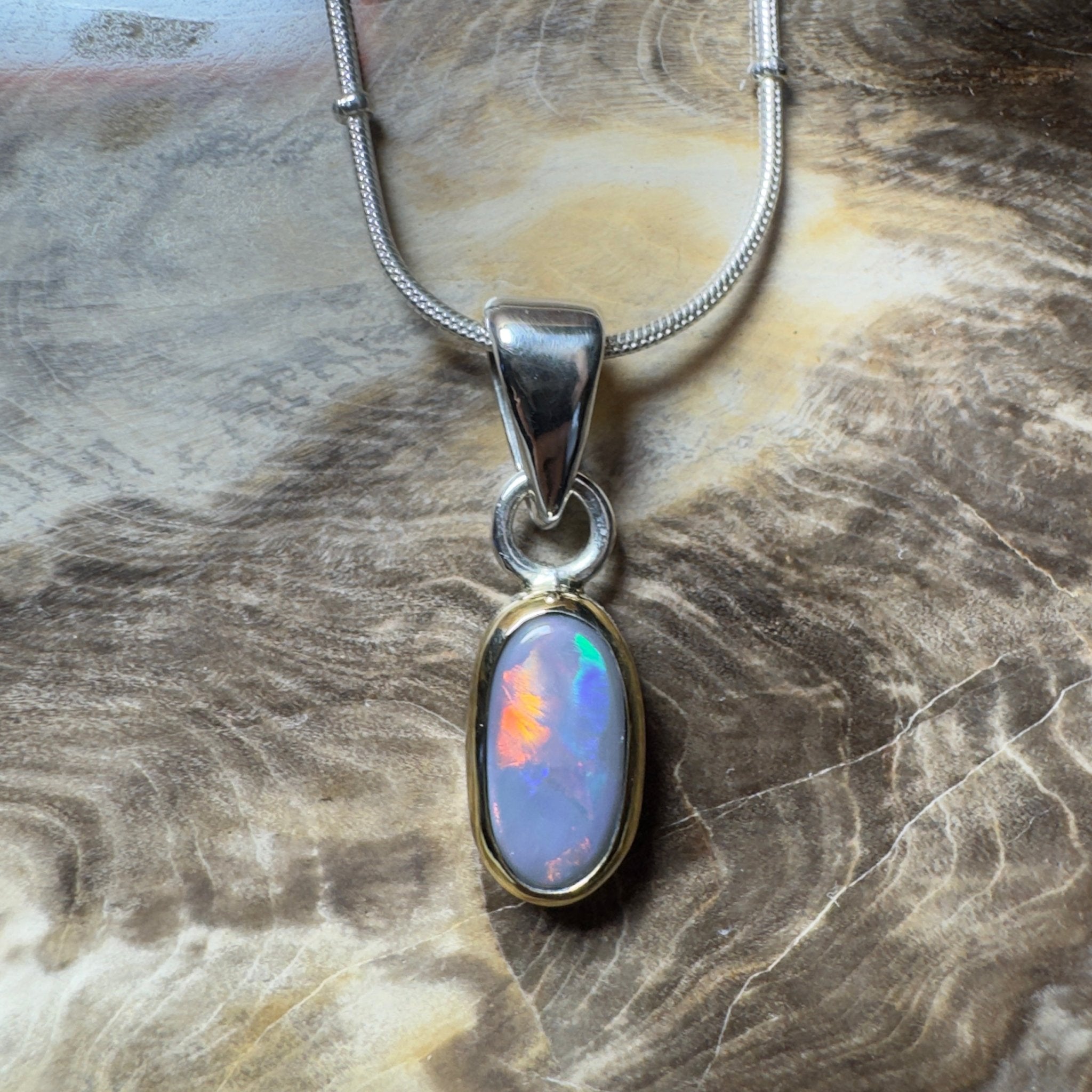 Outback After Dark ~ 1.4ct Solid Lightning Ridge Semi Black Opal Two - tone 9ct Gold and 925 Sterling Silver Pendant Necklace