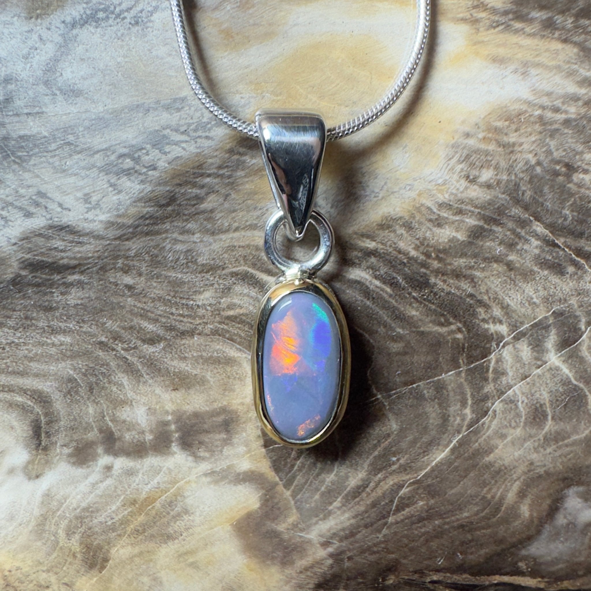 Outback After Dark ~ 1.4ct Solid Lightning Ridge Semi Black Opal Two - tone 9ct Gold and 925 Sterling Silver Pendant Necklace