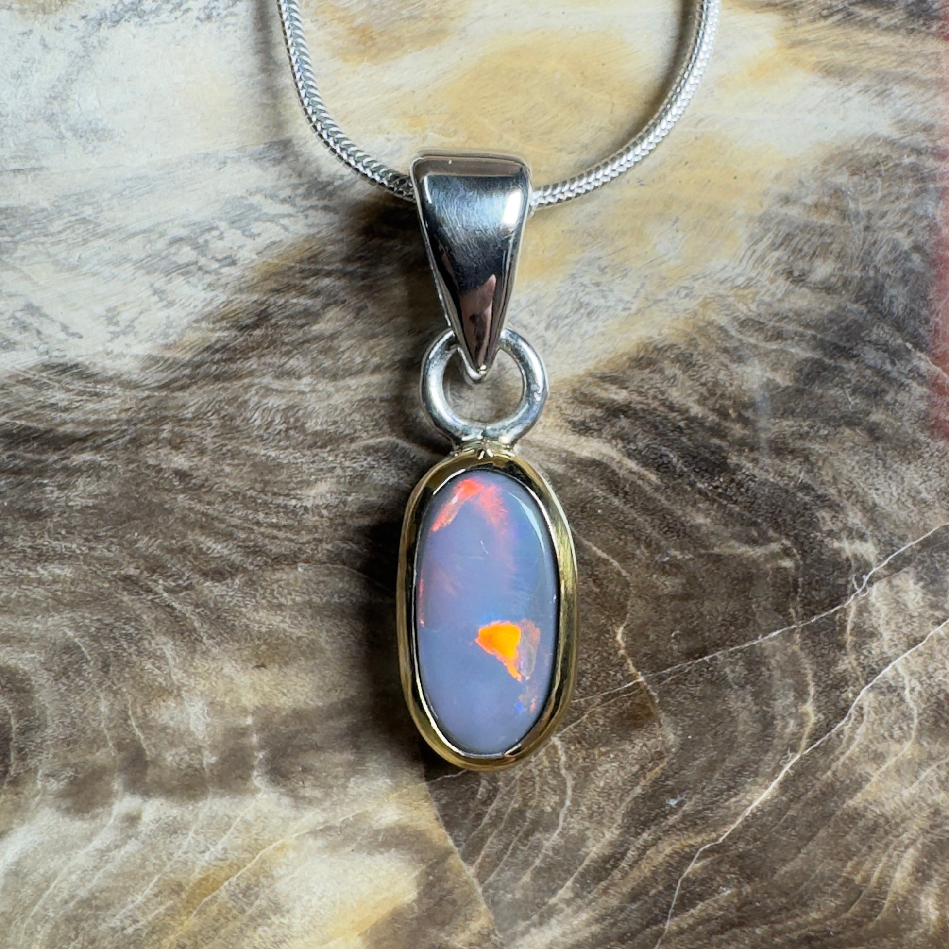 Outback After Dark ~ 1.4ct Solid Lightning Ridge Semi Black Opal Two - tone 9ct Gold and 925 Sterling Silver Pendant Necklace