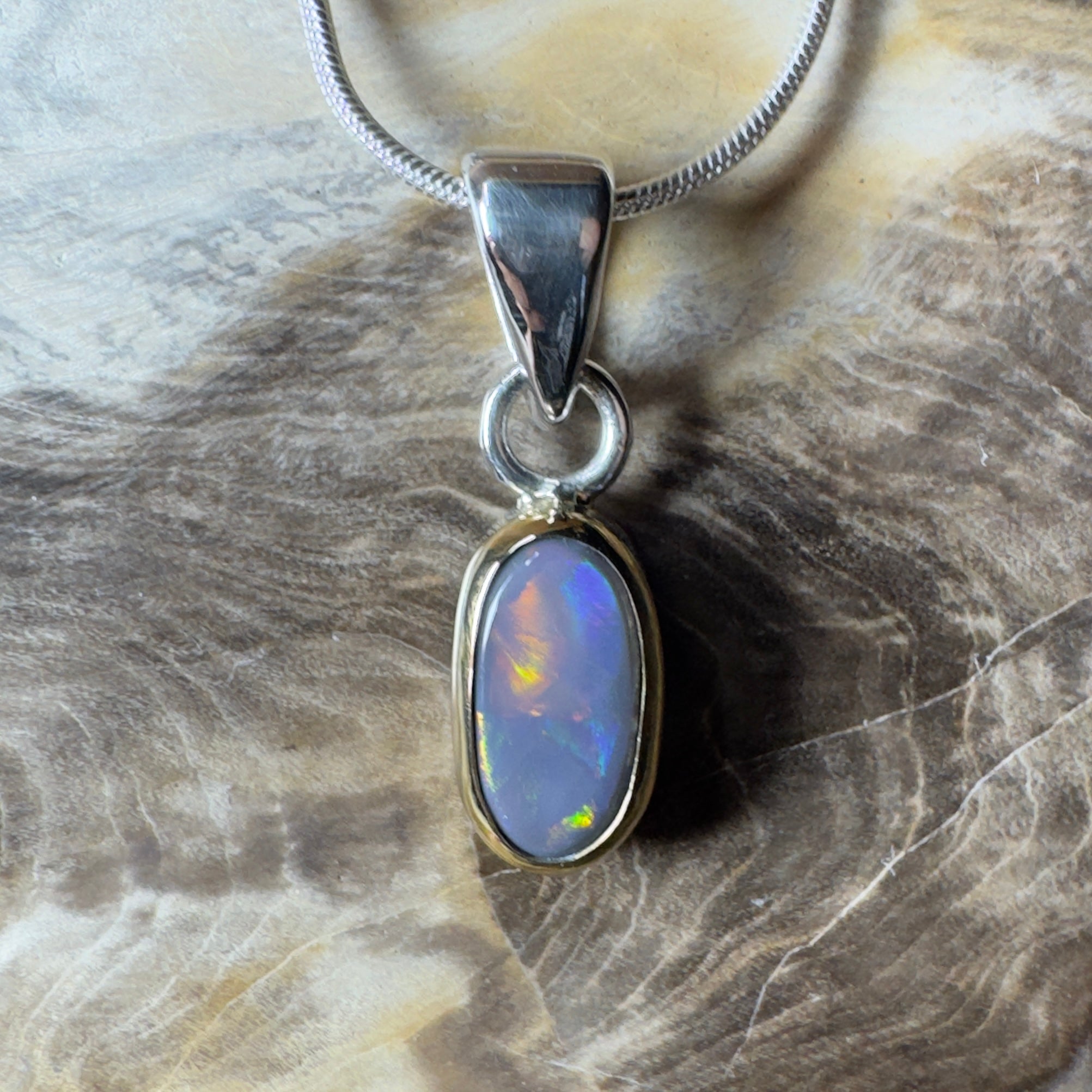 Outback After Dark ~ 1.4ct Solid Lightning Ridge Semi Black Opal Two - tone 9ct Gold and 925 Sterling Silver Pendant Necklace