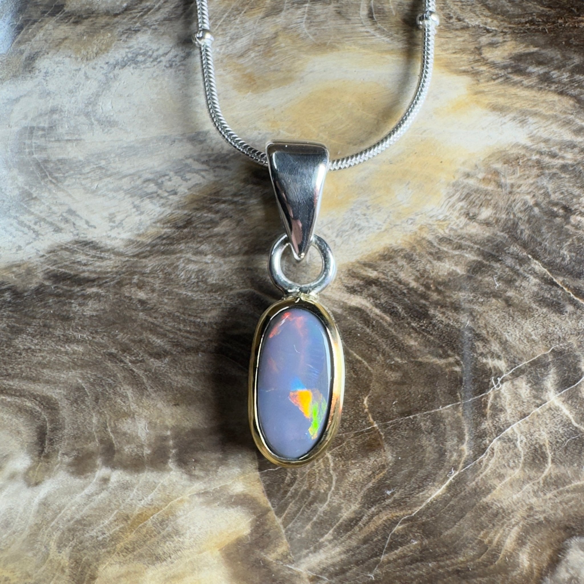 Outback After Dark ~ 1.4ct Solid Lightning Ridge Semi Black Opal Two - tone 9ct Gold and 925 Sterling Silver Pendant Necklace