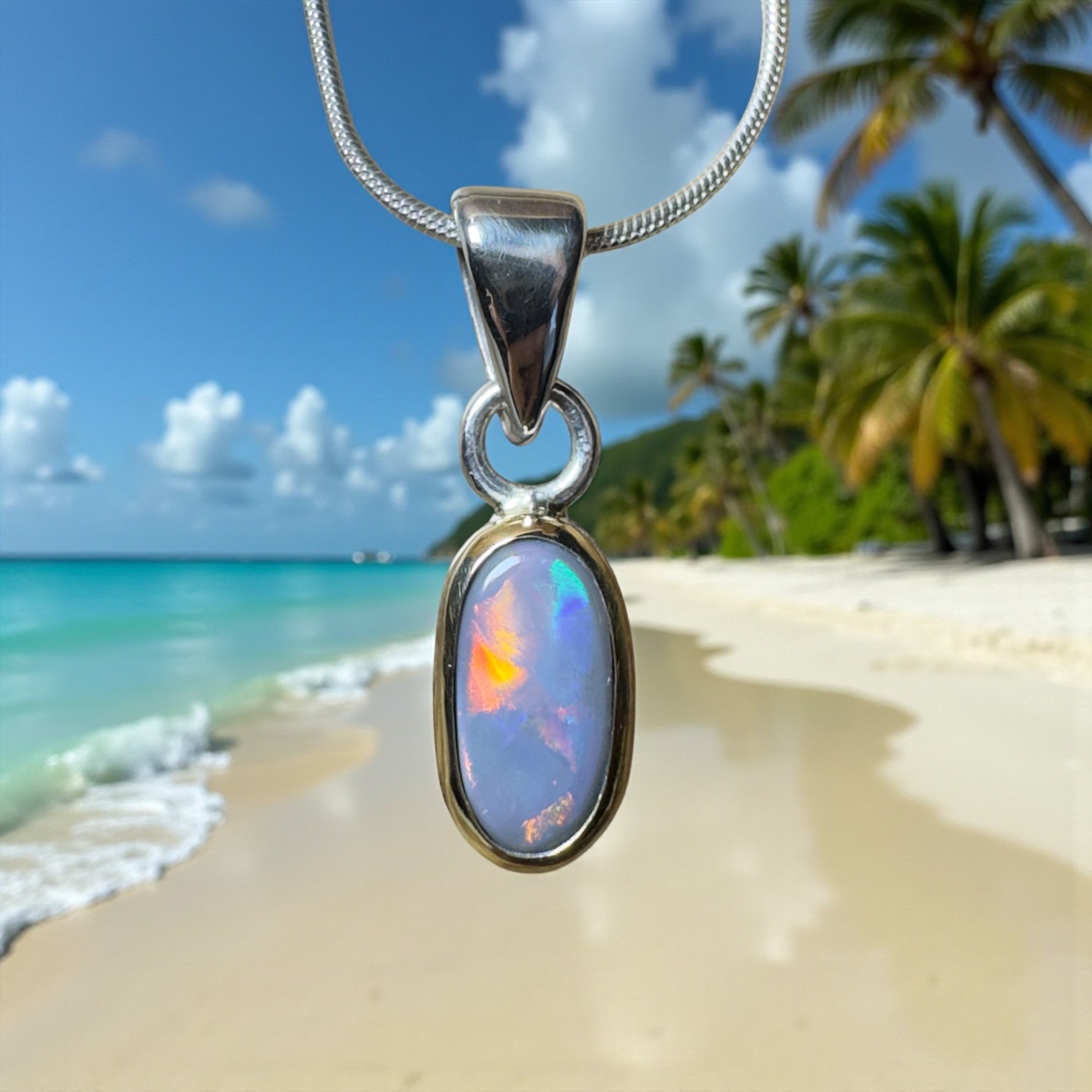 Outback After Dark ~ 1.4ct Solid Lightning Ridge Semi Black Opal Two - tone 9ct Gold and 925 Sterling Silver Pendant Necklace