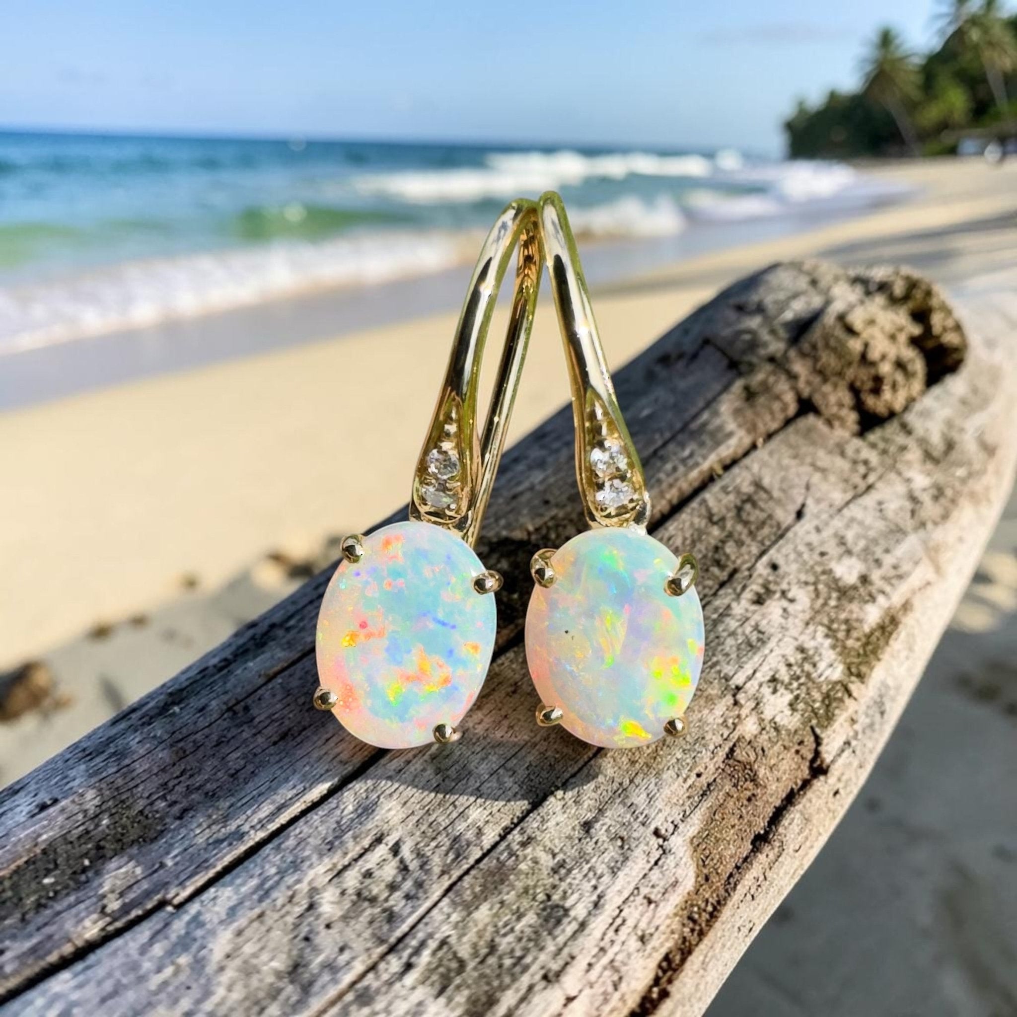 Outback Aurora ~ 14ct Solid Gold 1ct Coober Pedy Opal and Diamond Earrings