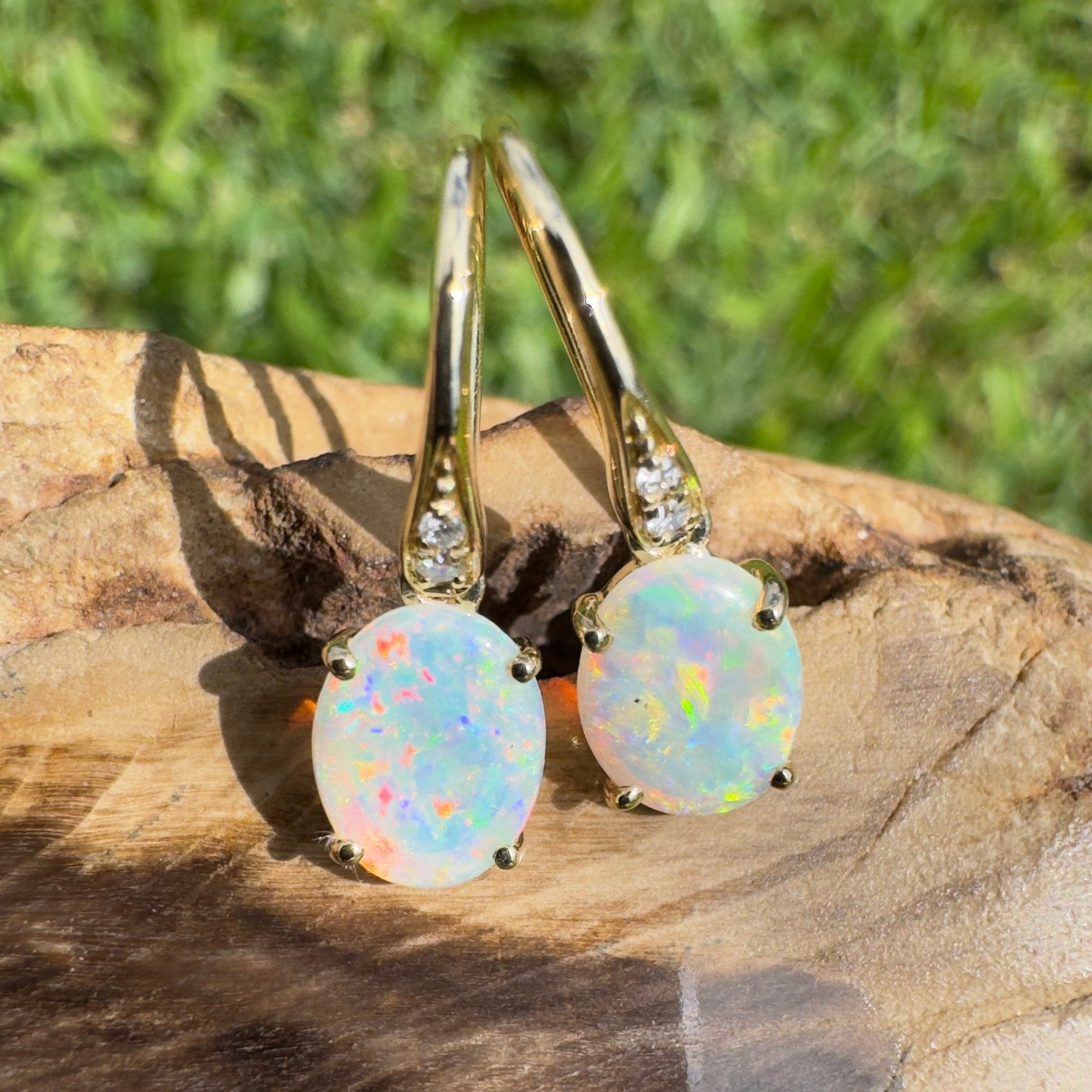Outback Aurora ~ 14ct Solid Gold 1ct Coober Pedy Opal and Diamond Earrings