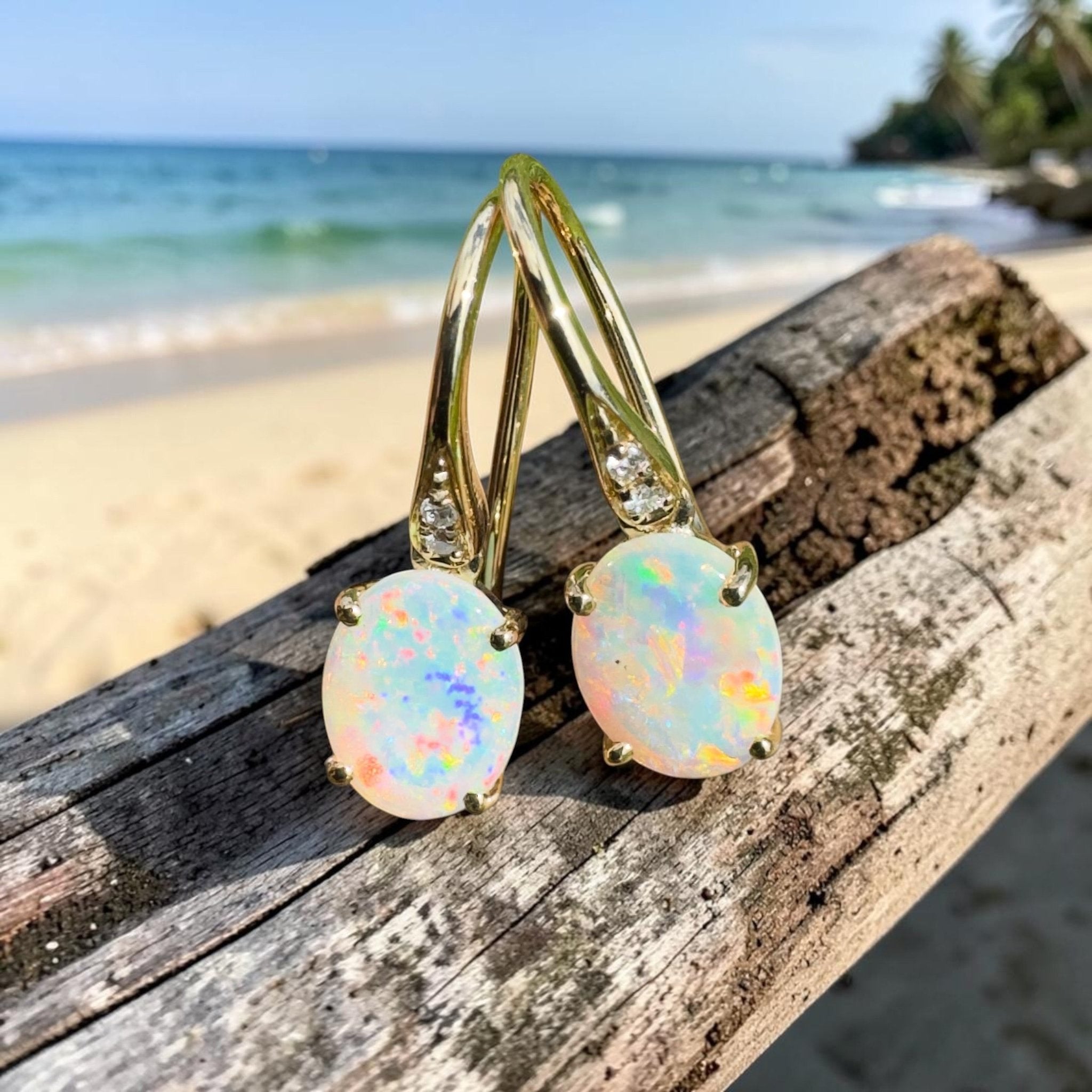 Outback Aurora ~ 14ct Solid Gold 1ct Coober Pedy Opal and Diamond Earrings