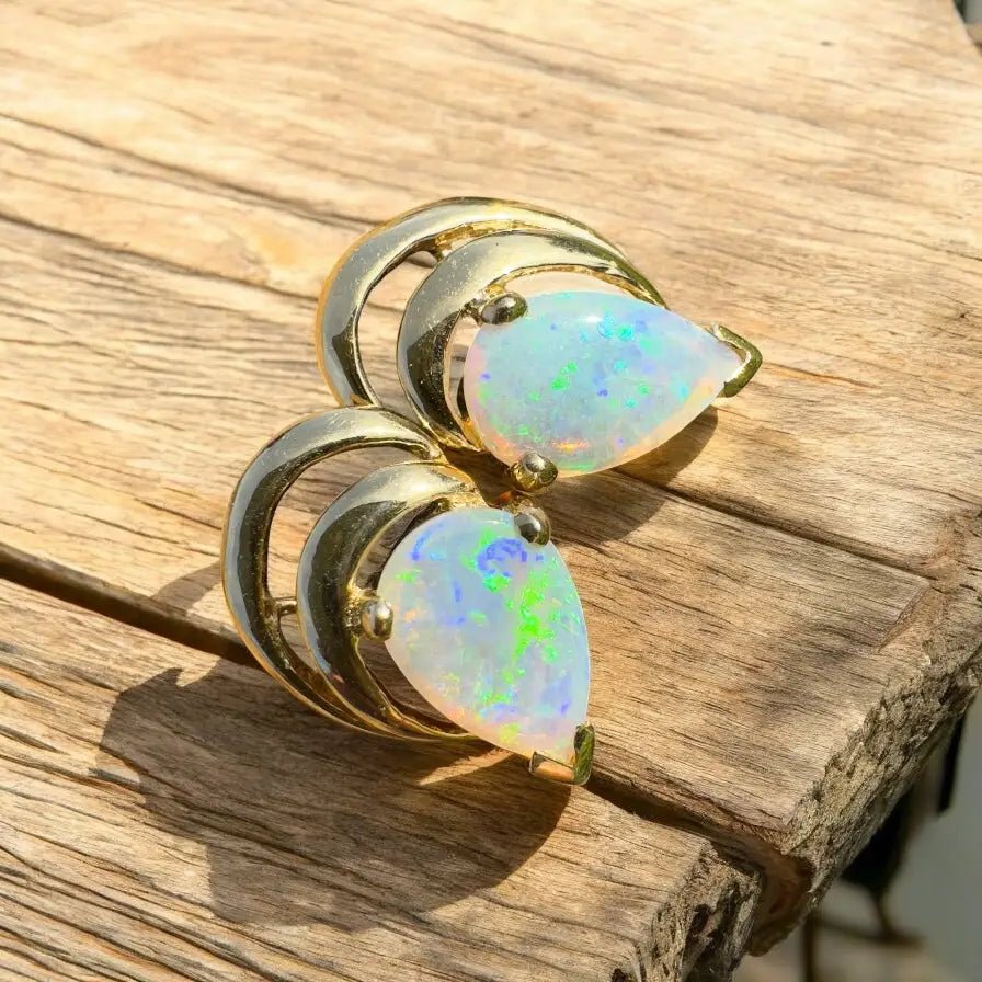 'Outback Aurora' ~ Handcrafted 14ct Solid Gold Lightning Ridge Opal Earrings