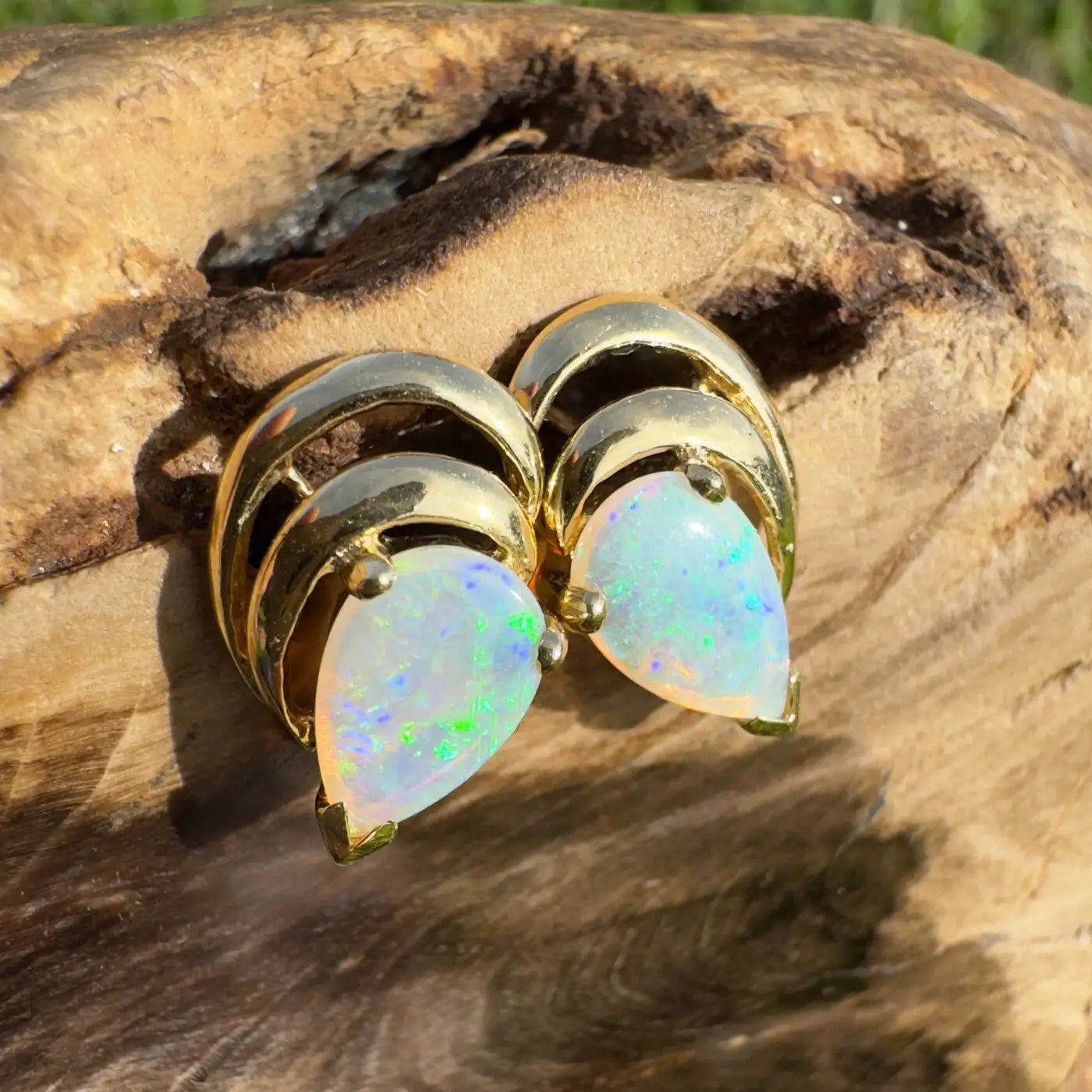 'Outback Aurora' ~ Handcrafted 14ct Solid Gold Lightning Ridge Opal Earrings