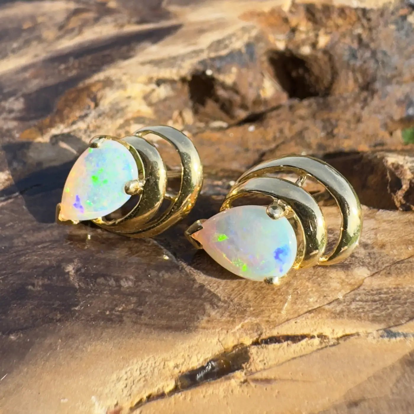 'Outback Aurora' ~ Handcrafted 14ct Solid Gold Lightning Ridge Opal Earrings