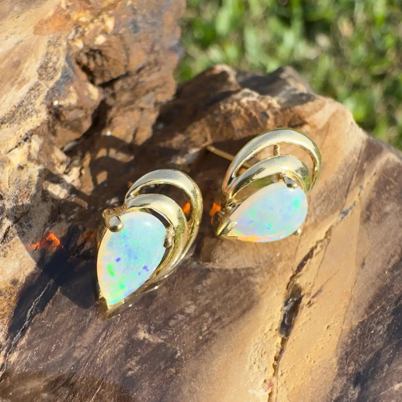 'Outback Aurora' ~ Handcrafted 14ct Solid Gold Lightning Ridge Opal Earrings