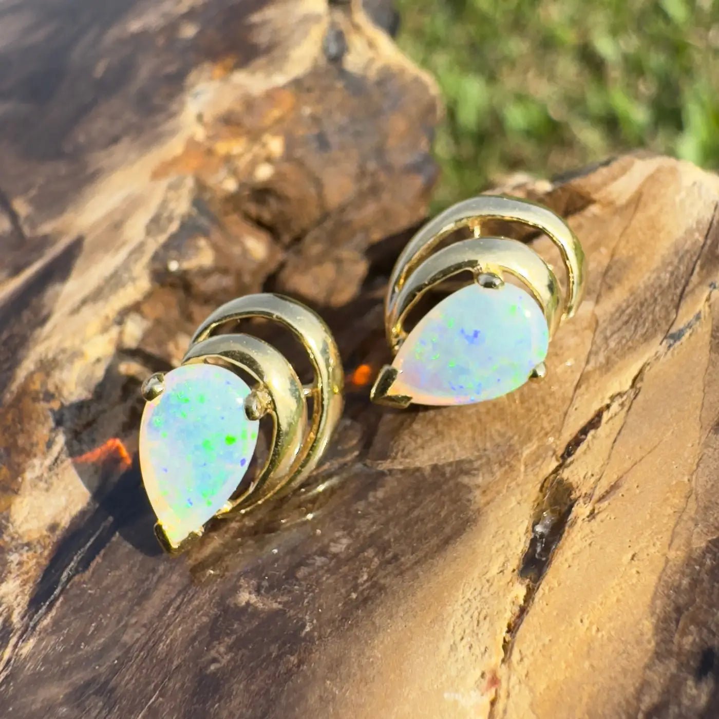 'Outback Aurora' ~ Handcrafted 14ct Solid Gold Lightning Ridge Opal Earrings