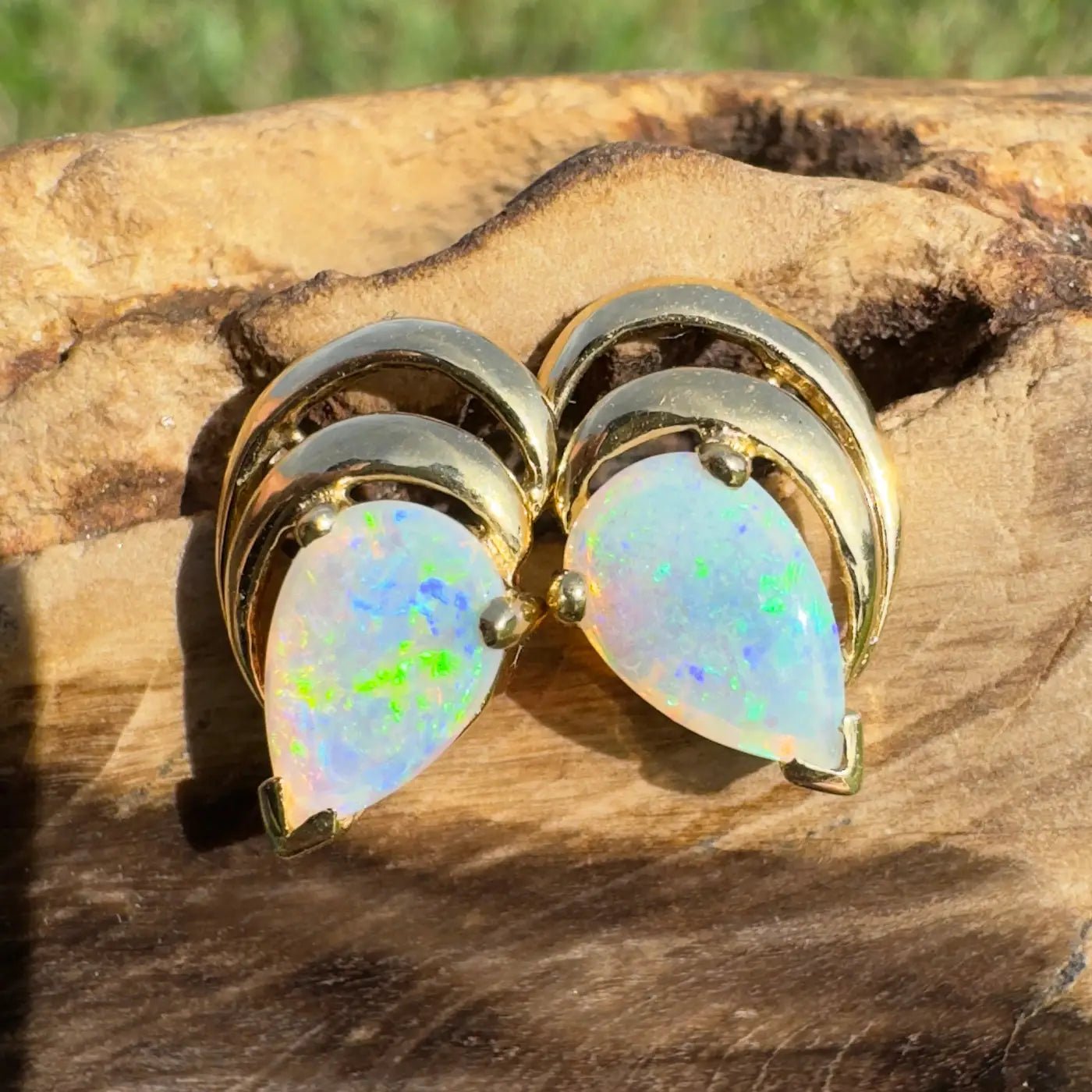 'Outback Aurora' ~ Handcrafted 14ct Solid Gold Lightning Ridge Opal Earrings