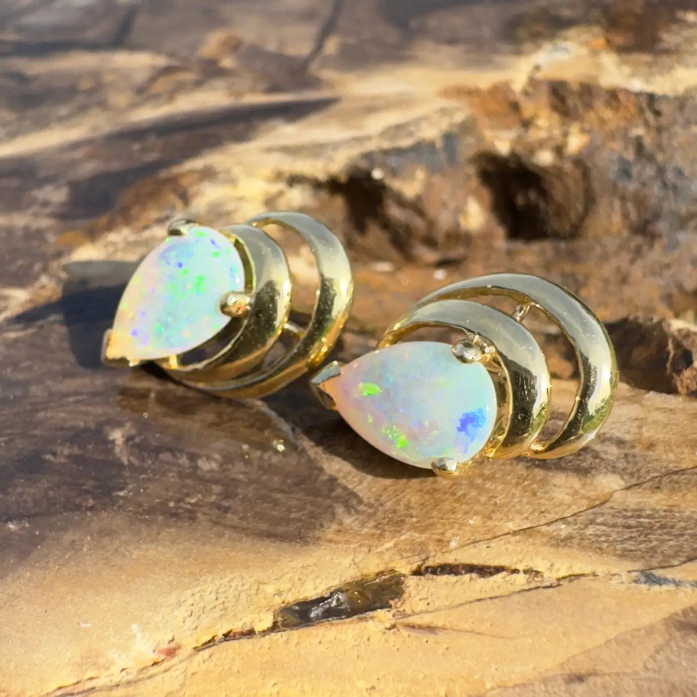 'Outback Aurora' ~ Handcrafted 14ct Solid Gold Lightning Ridge Opal Earrings