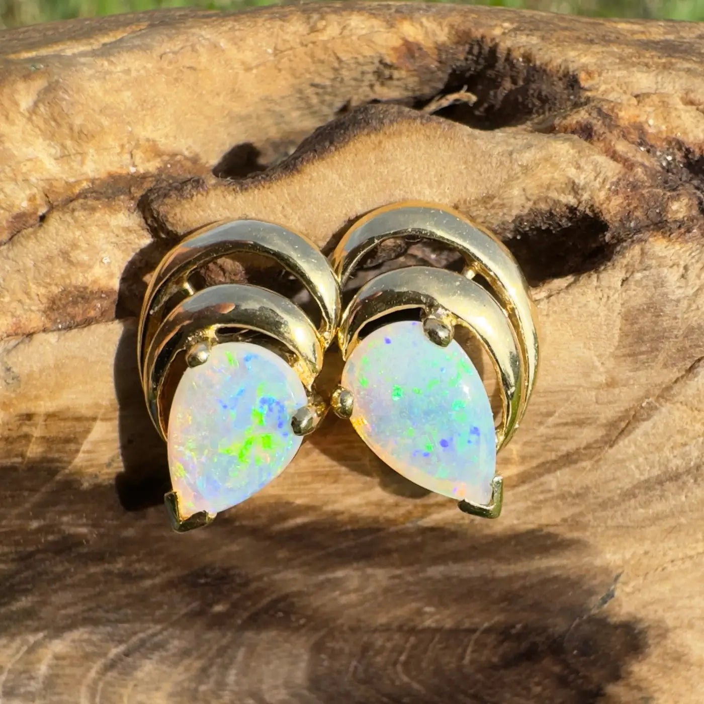 'Outback Aurora' ~ Handcrafted 14ct Solid Gold Lightning Ridge Opal Earrings
