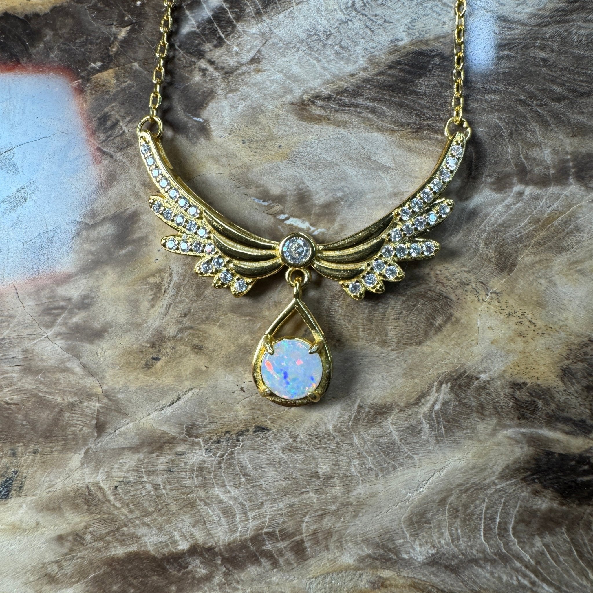 Outback Guardian ~ 0.5ct Solid Coober Pedy Opal and Cubic Zirconia 925 Gold Plated Sterling Silver Necklace