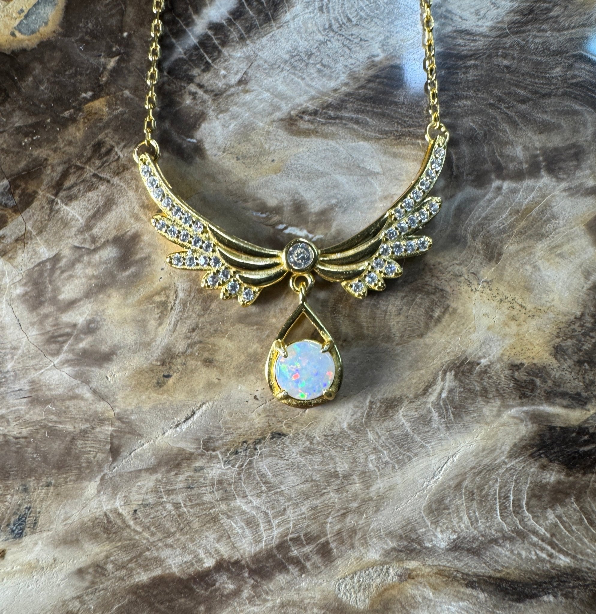 Outback Guardian ~ 0.5ct Solid Coober Pedy Opal and Cubic Zirconia 925 Gold Plated Sterling Silver Necklace