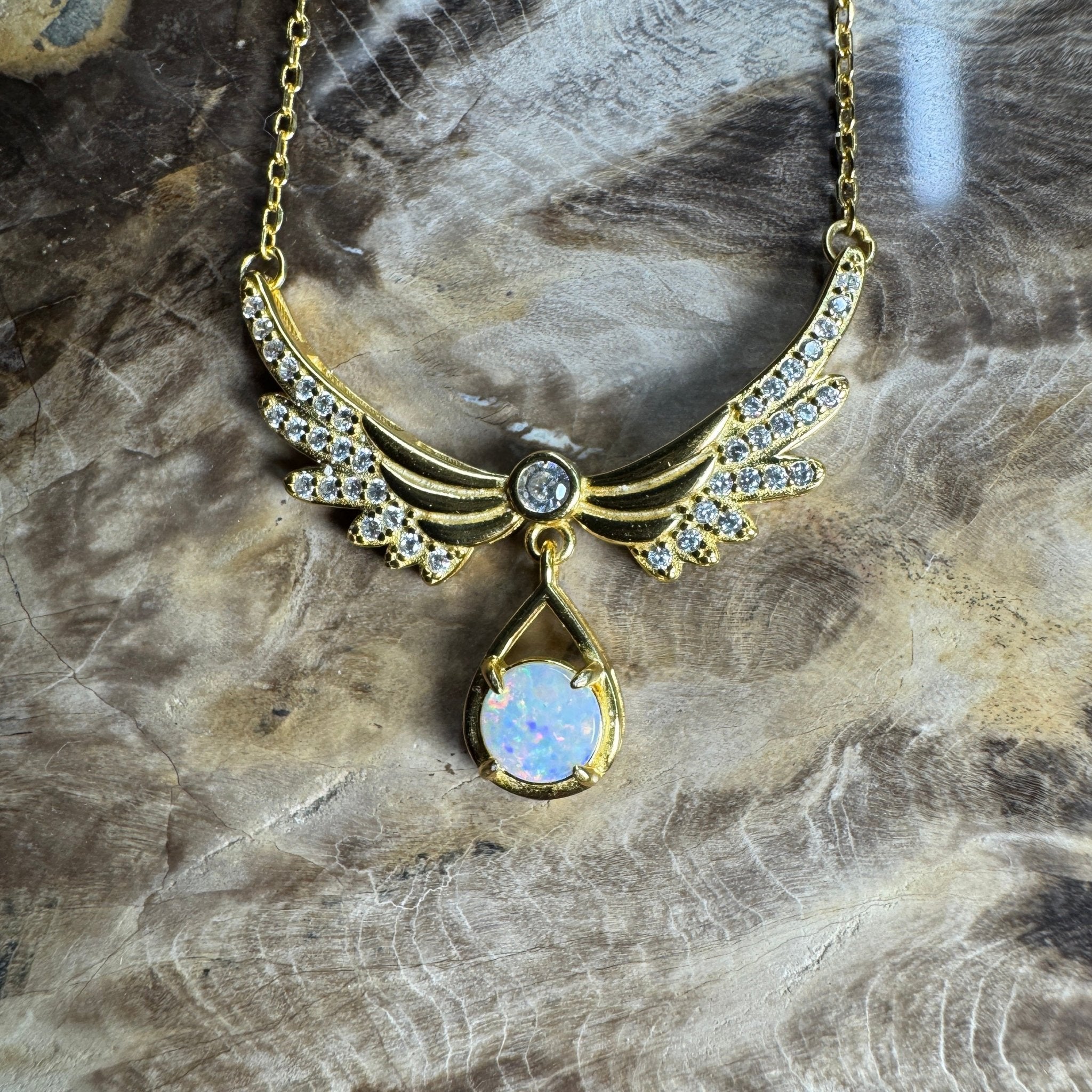 Outback Guardian ~ 0.5ct Solid Coober Pedy Opal and Cubic Zirconia 925 Gold Plated Sterling Silver Necklace