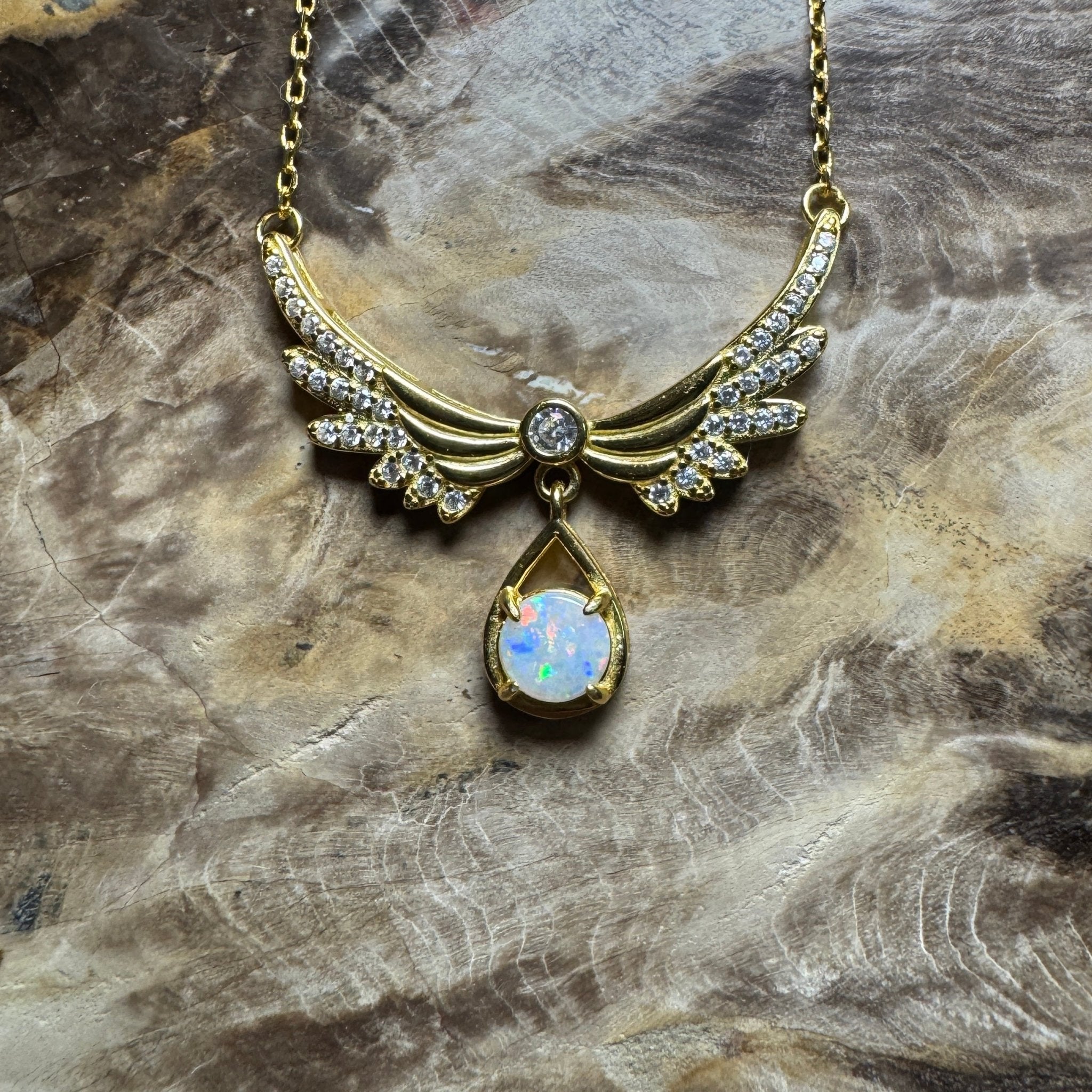 Outback Guardian ~ 0.5ct Solid Coober Pedy Opal and Cubic Zirconia 925 Gold Plated Sterling Silver Necklace