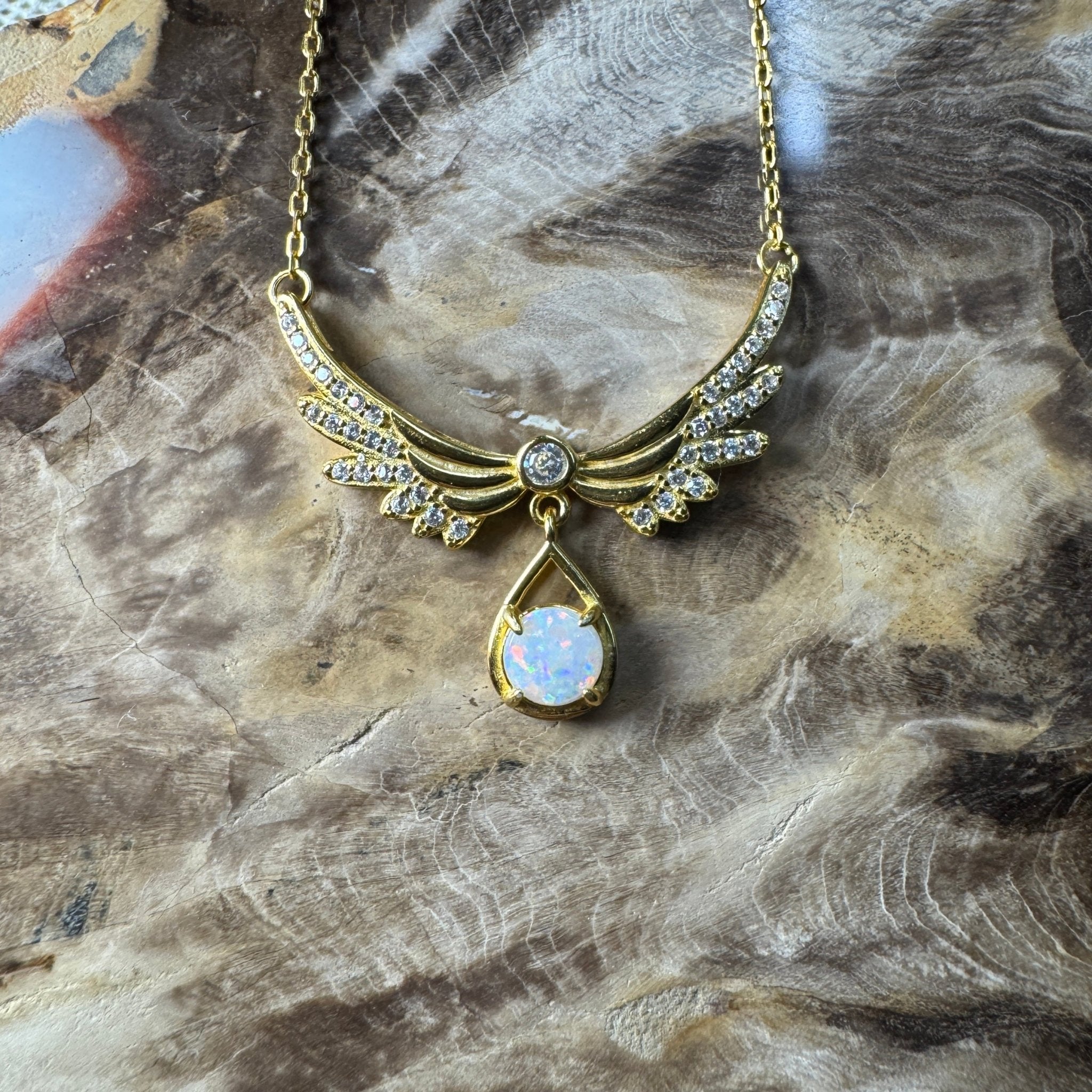 Outback Guardian ~ 0.5ct Solid Coober Pedy Opal and Cubic Zirconia 925 Gold Plated Sterling Silver Necklace
