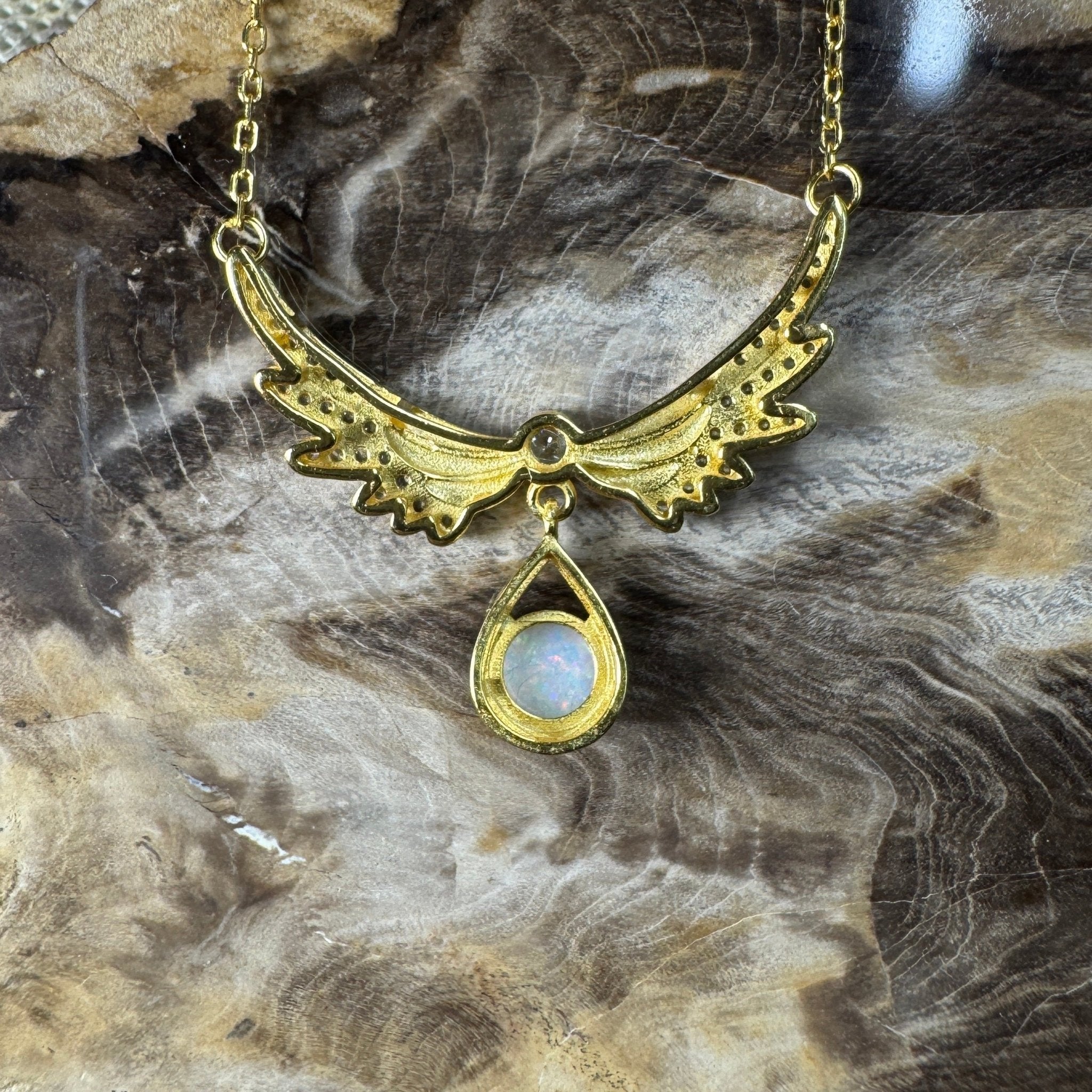 Outback Guardian ~ 0.5ct Solid Coober Pedy Opal and Cubic Zirconia 925 Gold Plated Sterling Silver Necklace