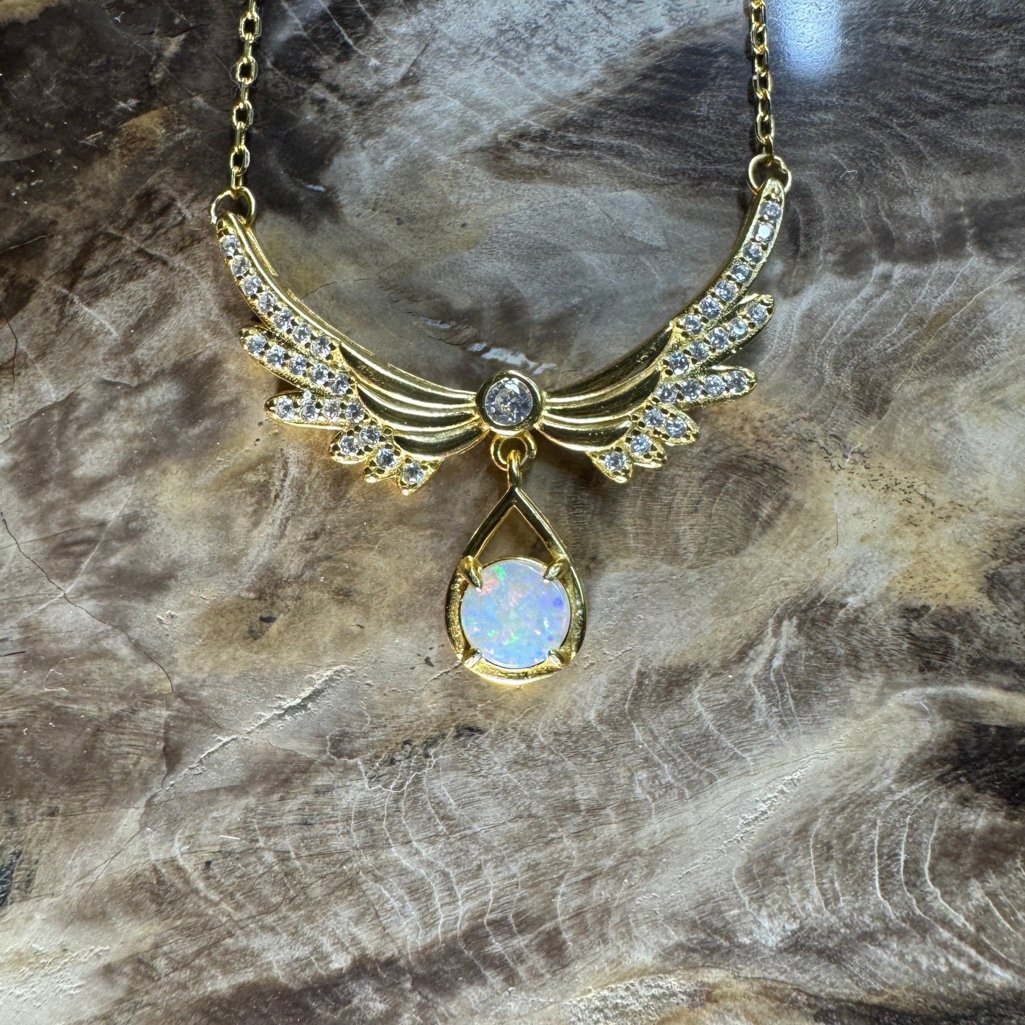 Outback Guardian ~ 0.5ct Solid Coober Pedy Opal and Cubic Zirconia 925 Gold Plated Sterling Silver Necklace