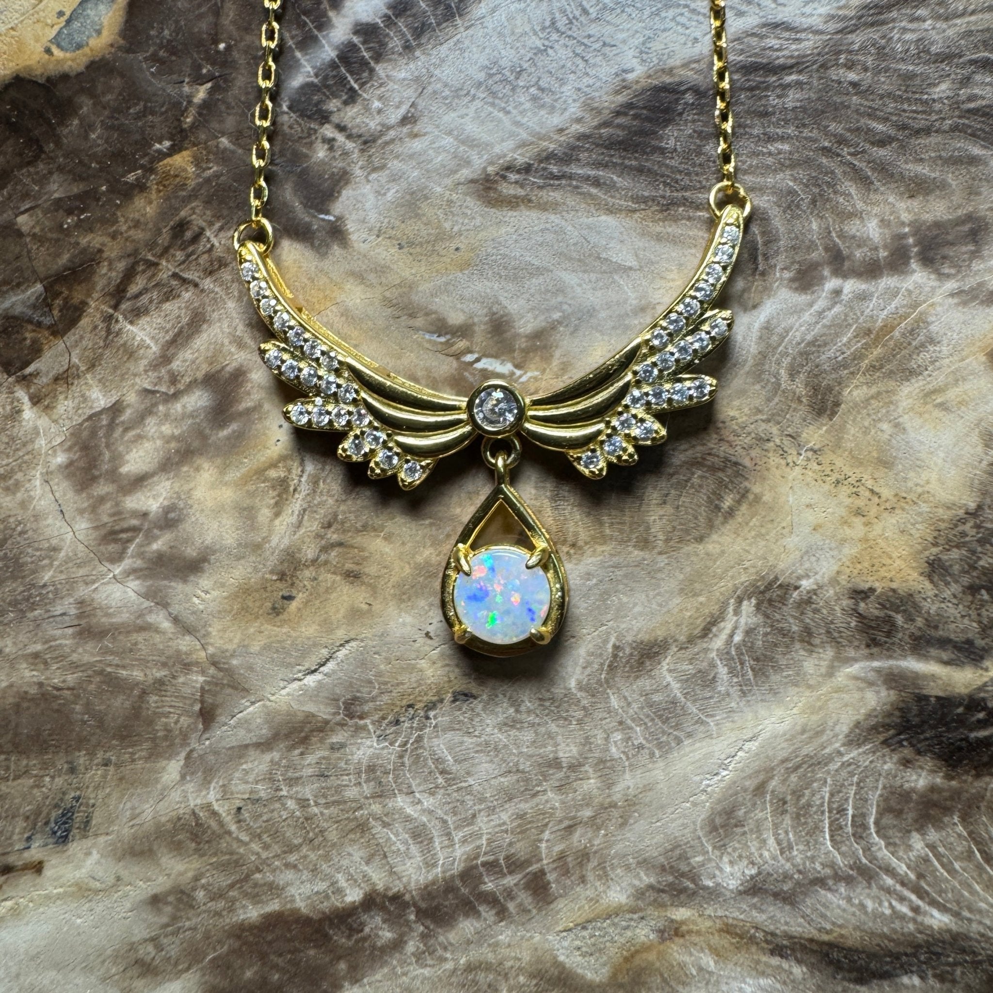 Outback Guardian ~ 0.5ct Solid Coober Pedy Opal and Cubic Zirconia 925 Gold Plated Sterling Silver Necklace