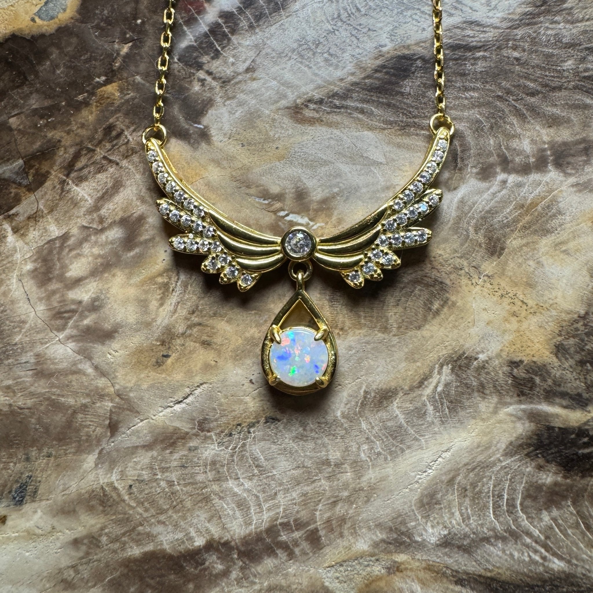 Outback Guardian ~ 0.5ct Solid Coober Pedy Opal and Cubic Zirconia 925 Gold Plated Sterling Silver Necklace