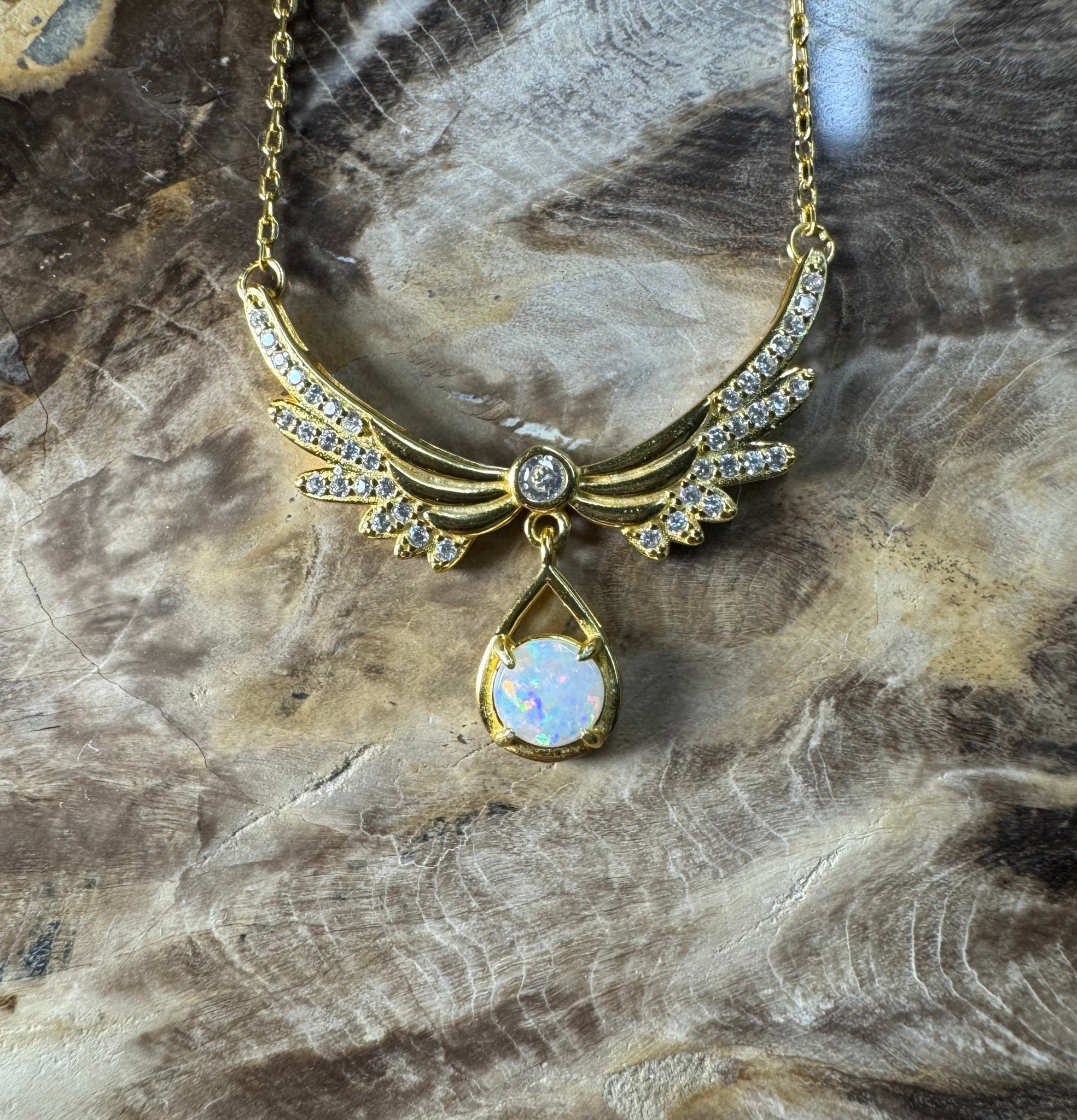 Outback Guardian ~ 0.5ct Solid Coober Pedy Opal and Cubic Zirconia 925 Gold Plated Sterling Silver Necklace