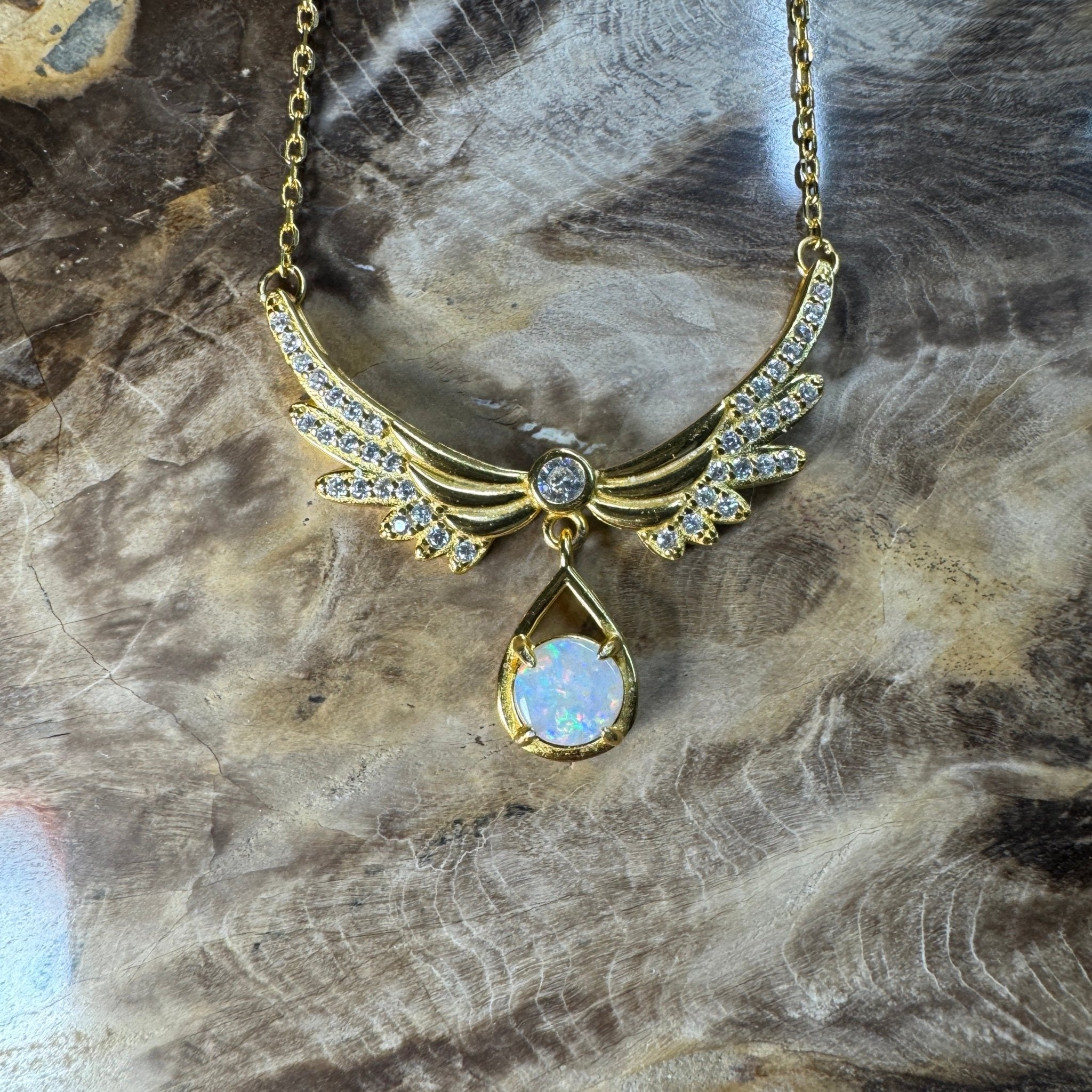 Outback Guardian ~ 0.5ct Solid Coober Pedy Opal and Cubic Zirconia 925 Gold Plated Sterling Silver Necklace