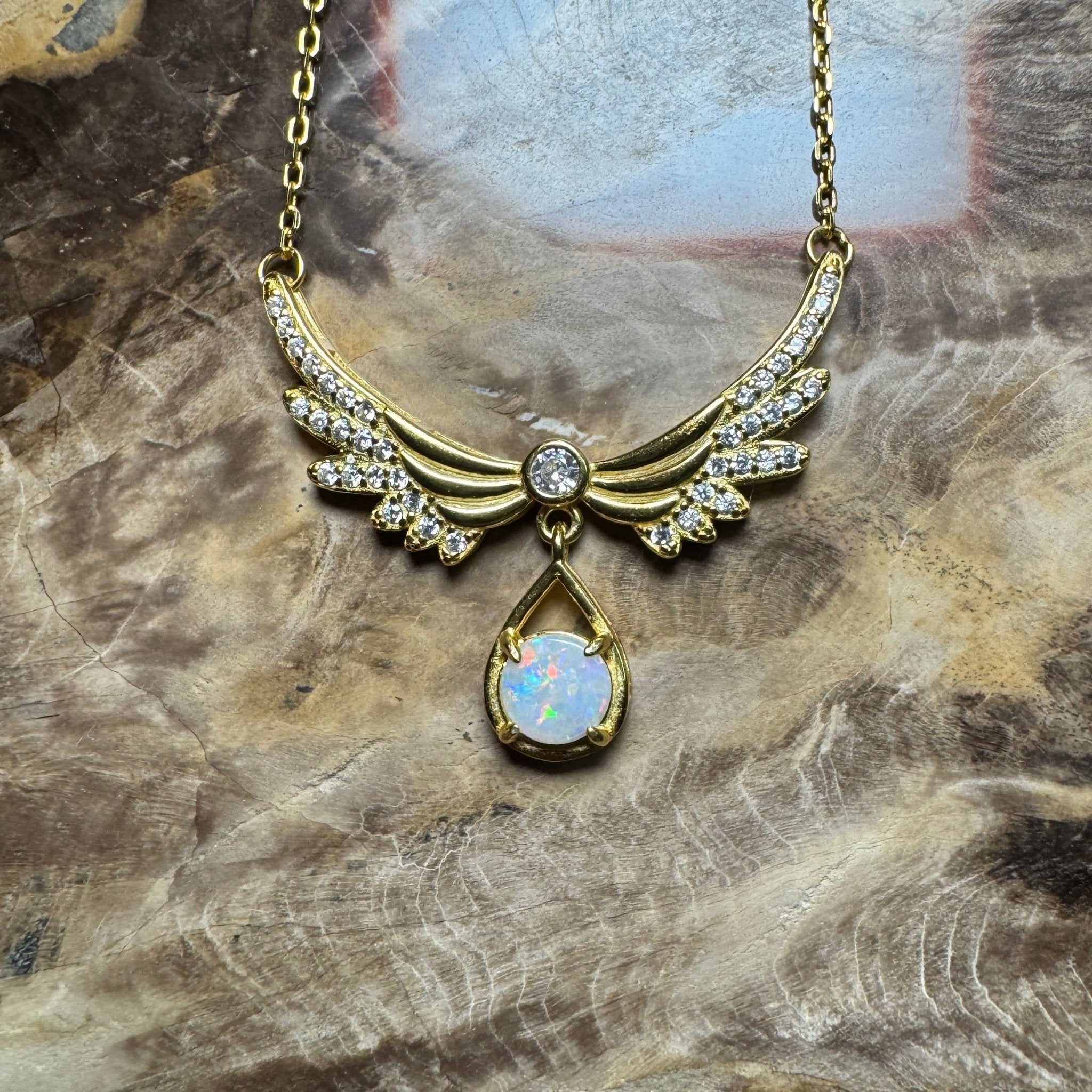Outback Guardian ~ 0.5ct Solid Coober Pedy Opal and Cubic Zirconia 925 Gold Plated Sterling Silver Necklace