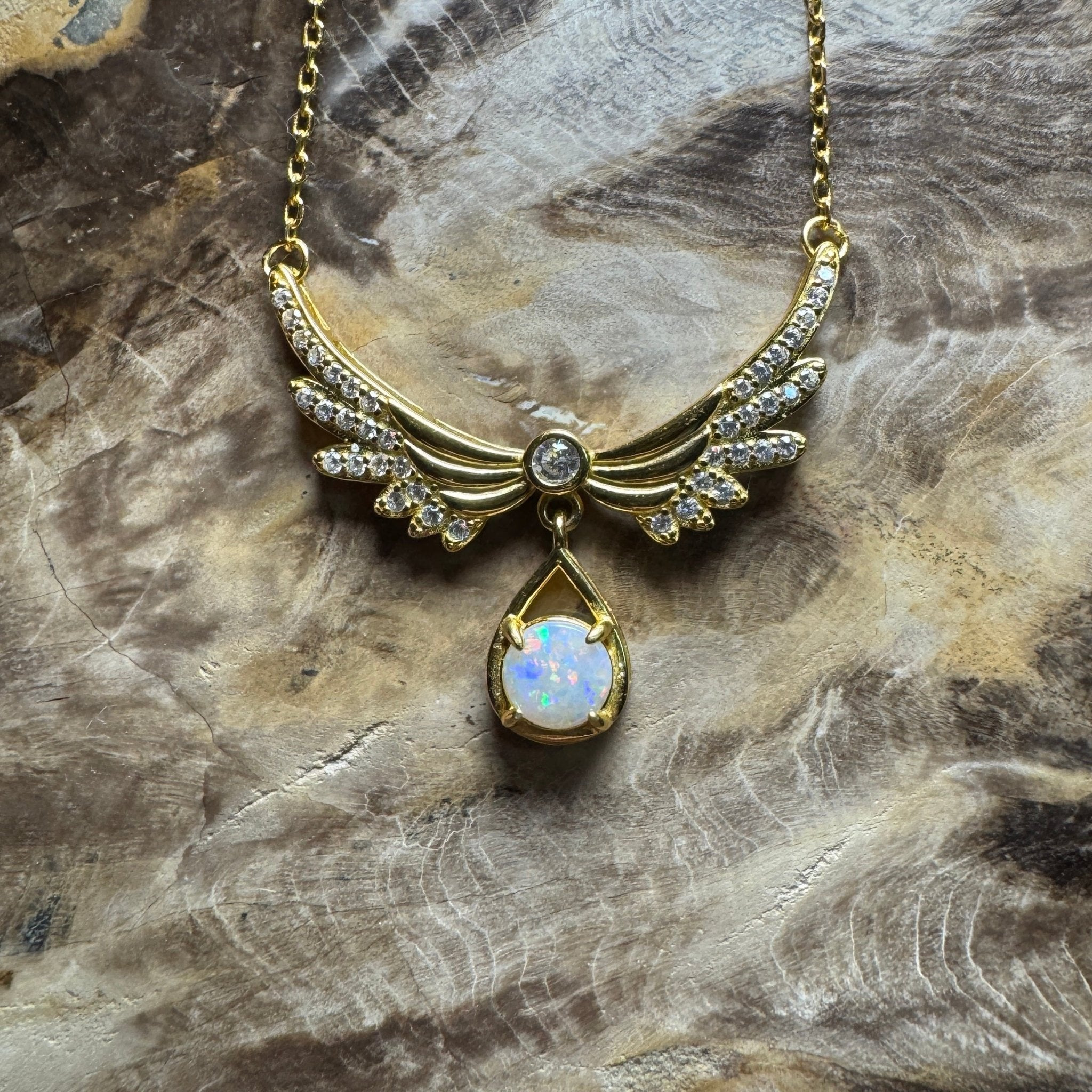Outback Guardian ~ 0.5ct Solid Coober Pedy Opal and Cubic Zirconia 925 Gold Plated Sterling Silver Necklace
