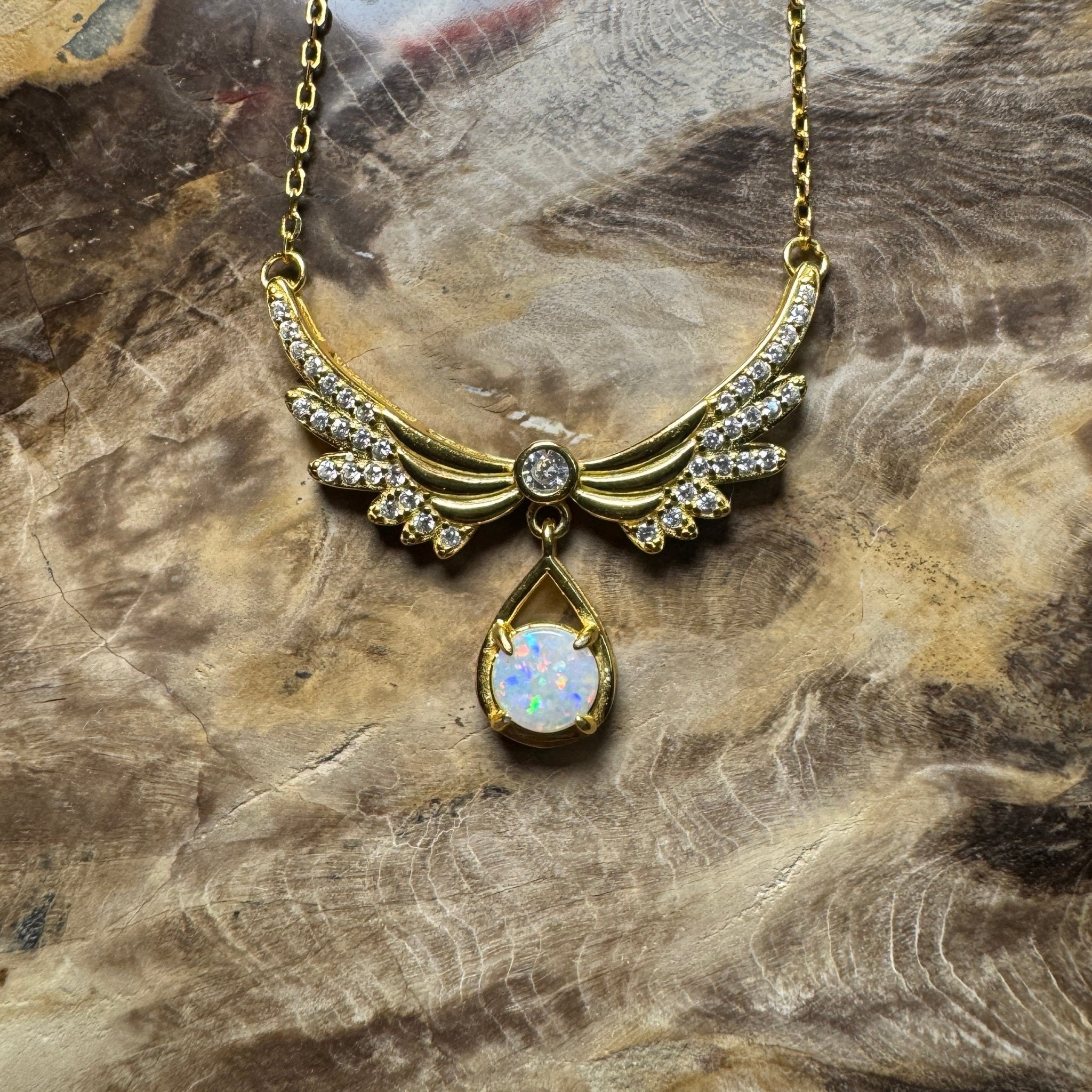 Outback Guardian ~ 0.5ct Solid Coober Pedy Opal and Cubic Zirconia 925 Gold Plated Sterling Silver Necklace