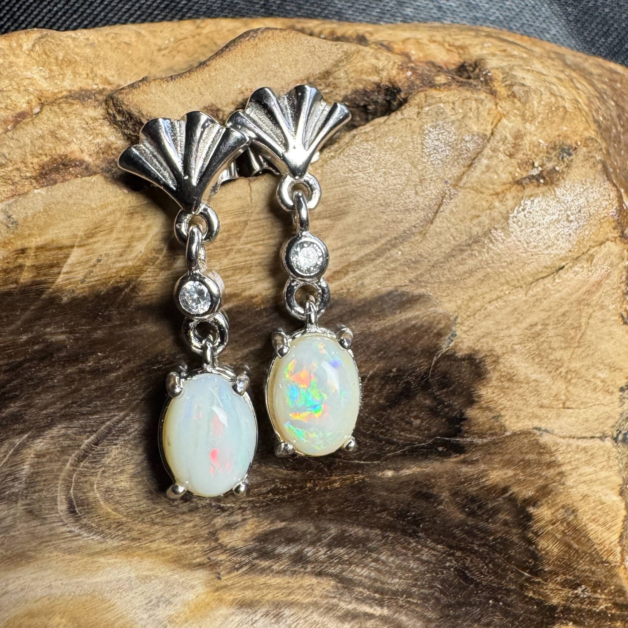Outback Horizon ~ 1.4ct Solid Lightning Ridge Opal and Cubic Zirconia 925 Silver Earrings